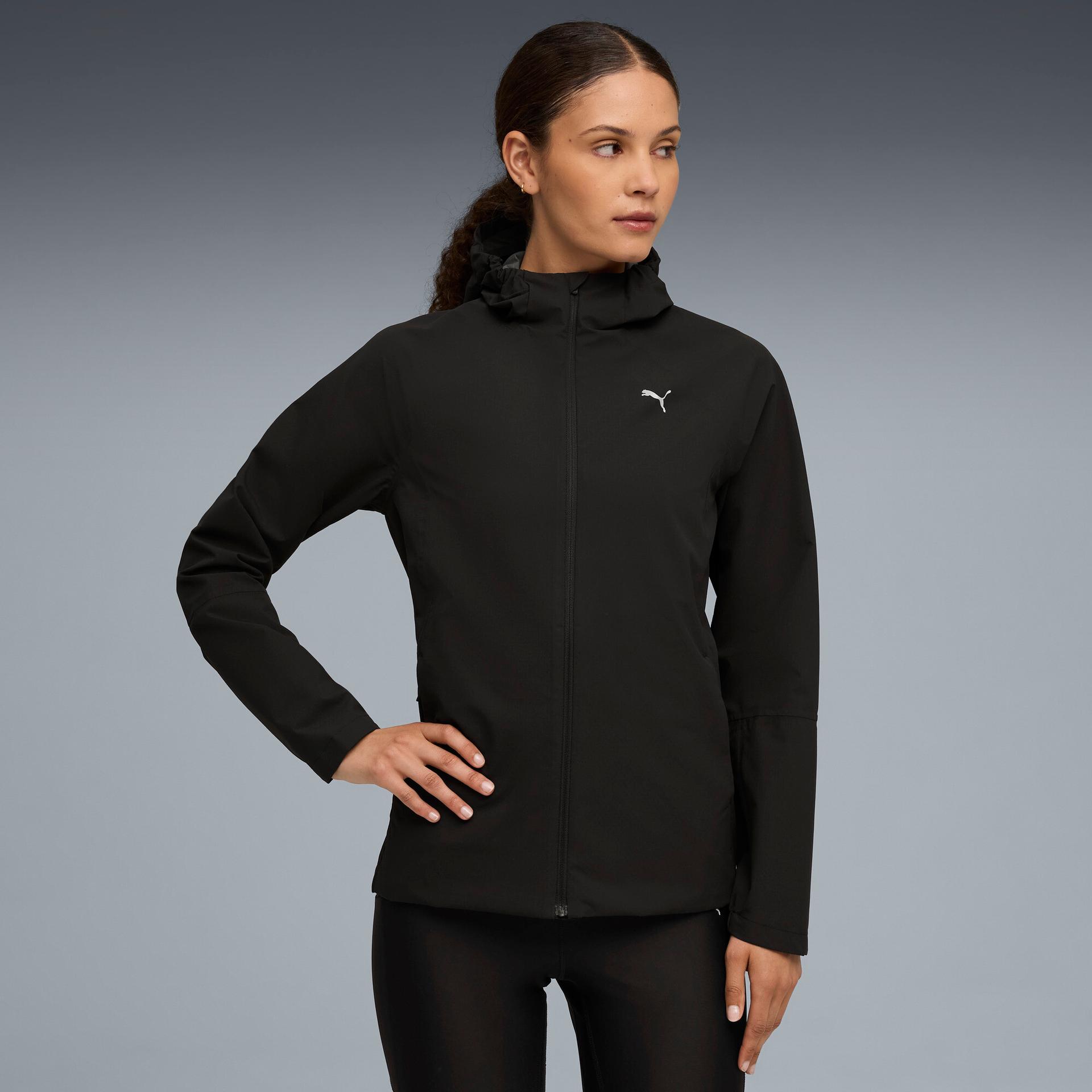 puma run raincell women's hooded running rain jacket in black, size m