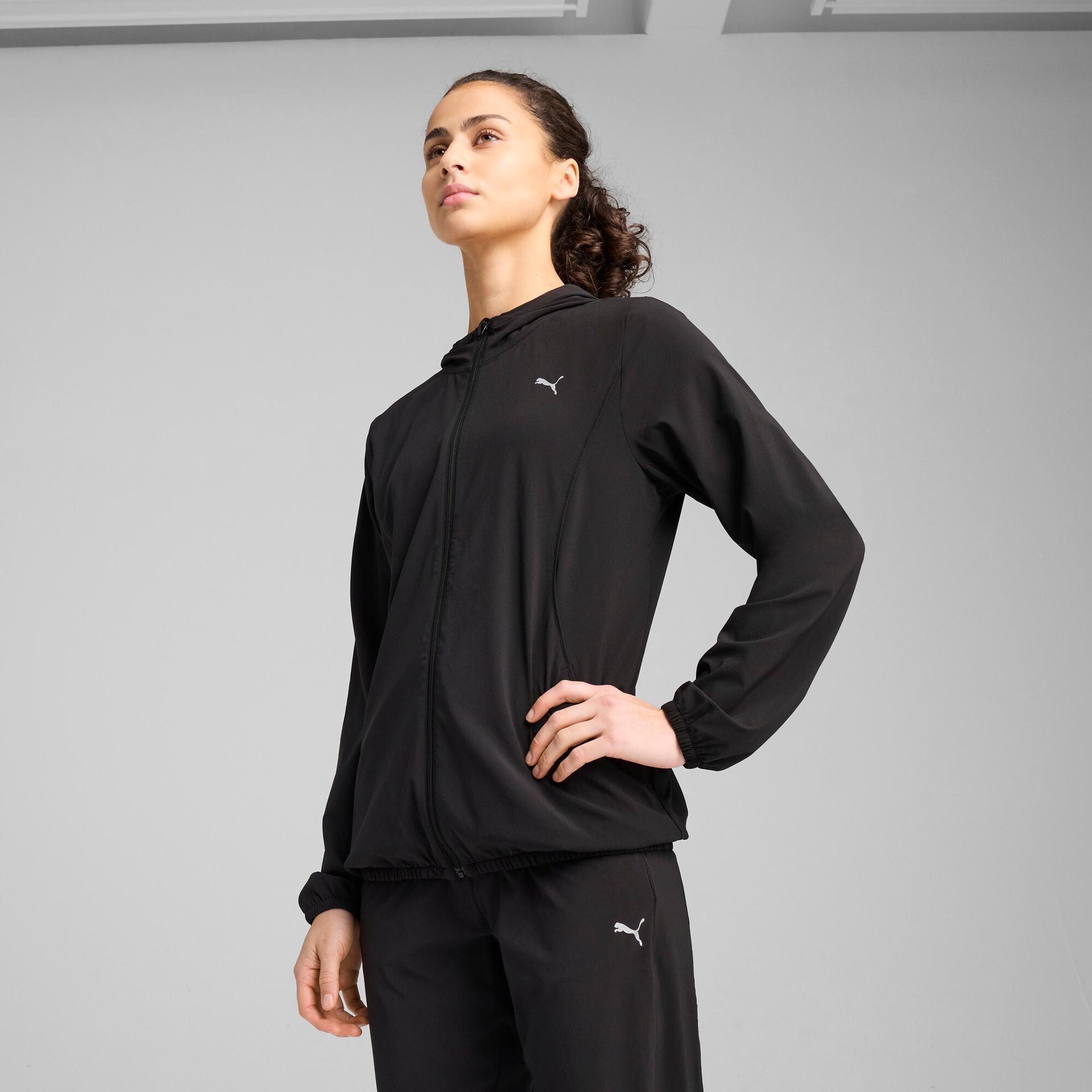 puma run velocity women's hooded zip-up running jacket in black, size l