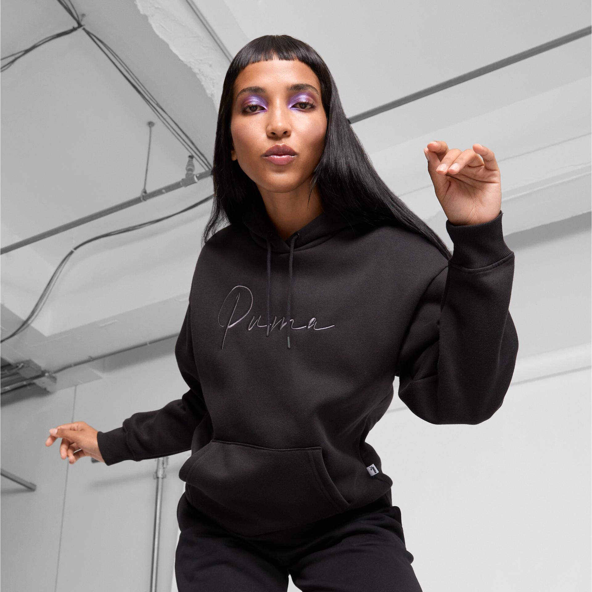 puma script logo women's hoodie in black, size s