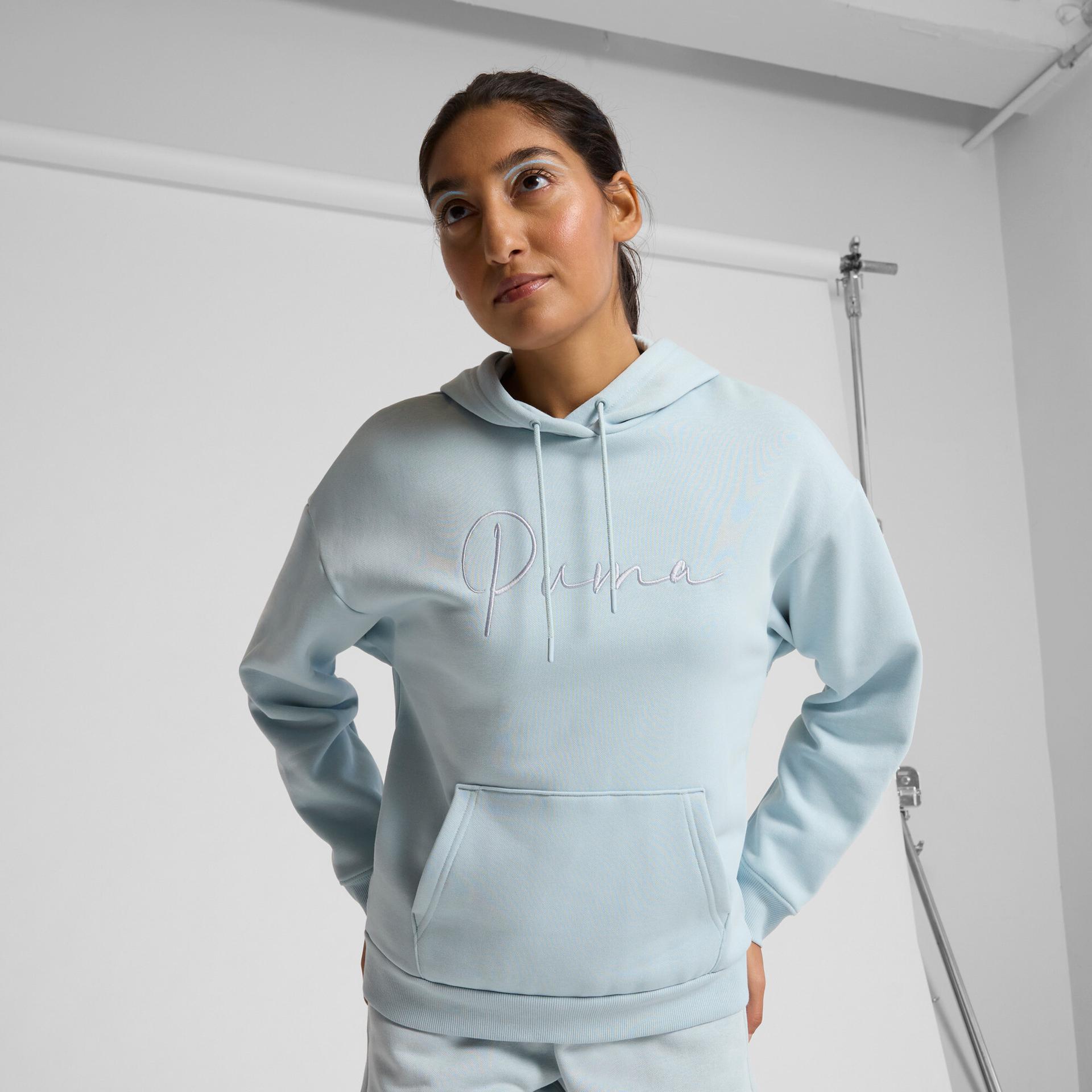 puma script logo women's hoodie in blue, size m