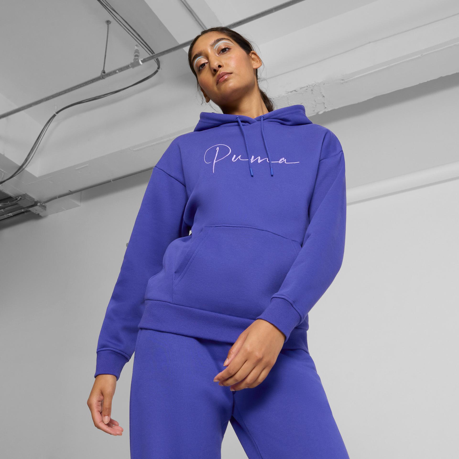 puma script logo women's hoodie in blue, size xxl