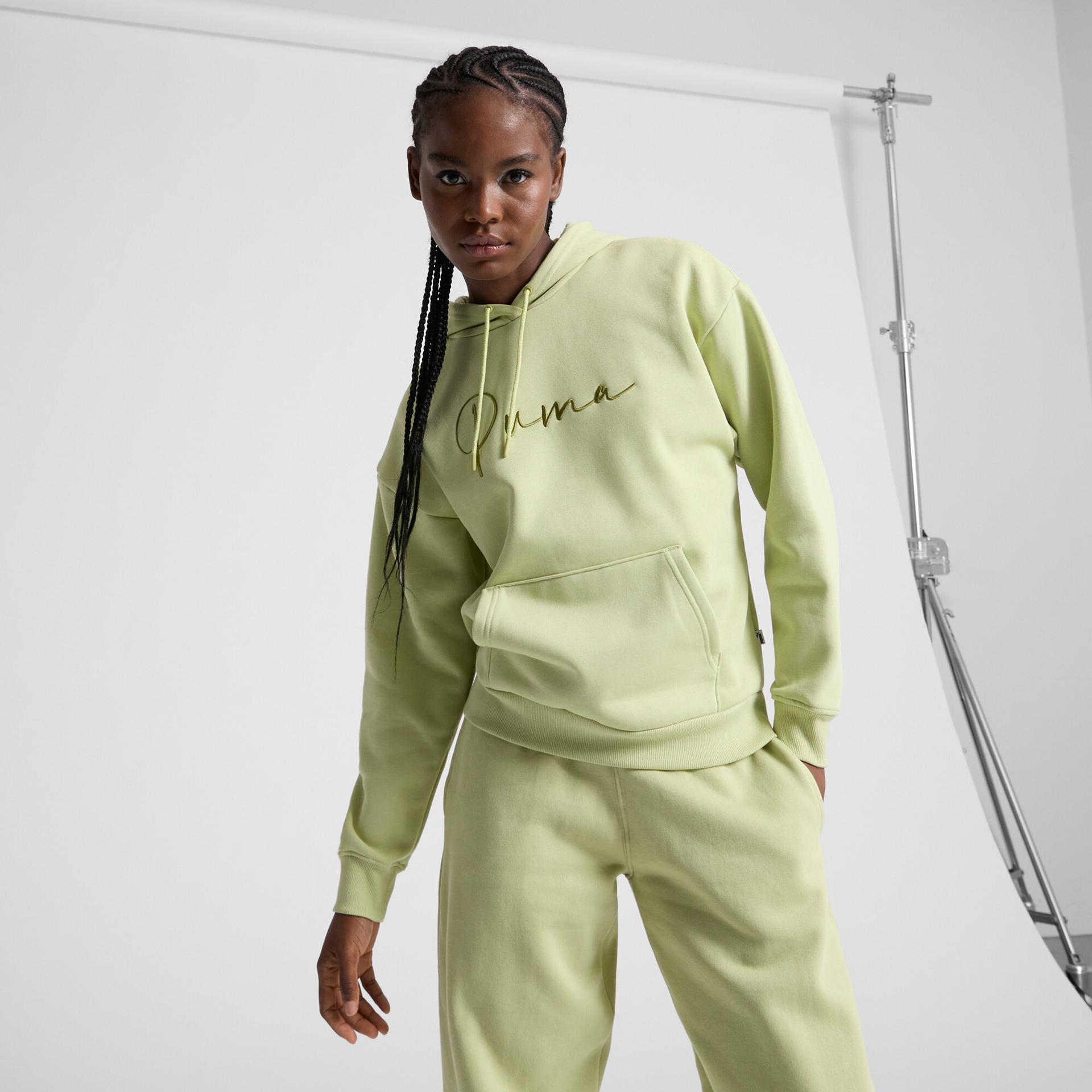puma script logo women's hoodie in green, size l