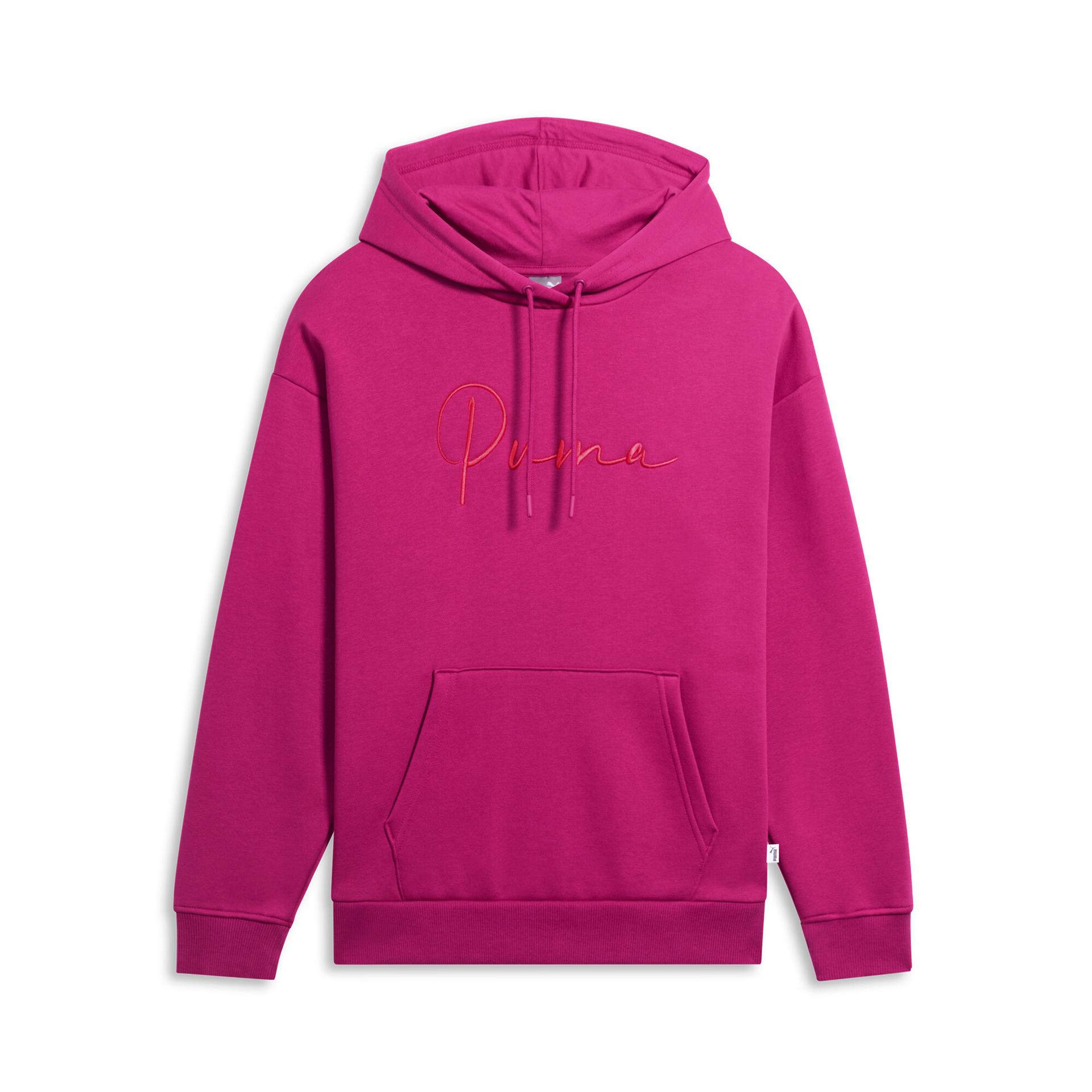 puma script logo women's hoodie in pink, size l