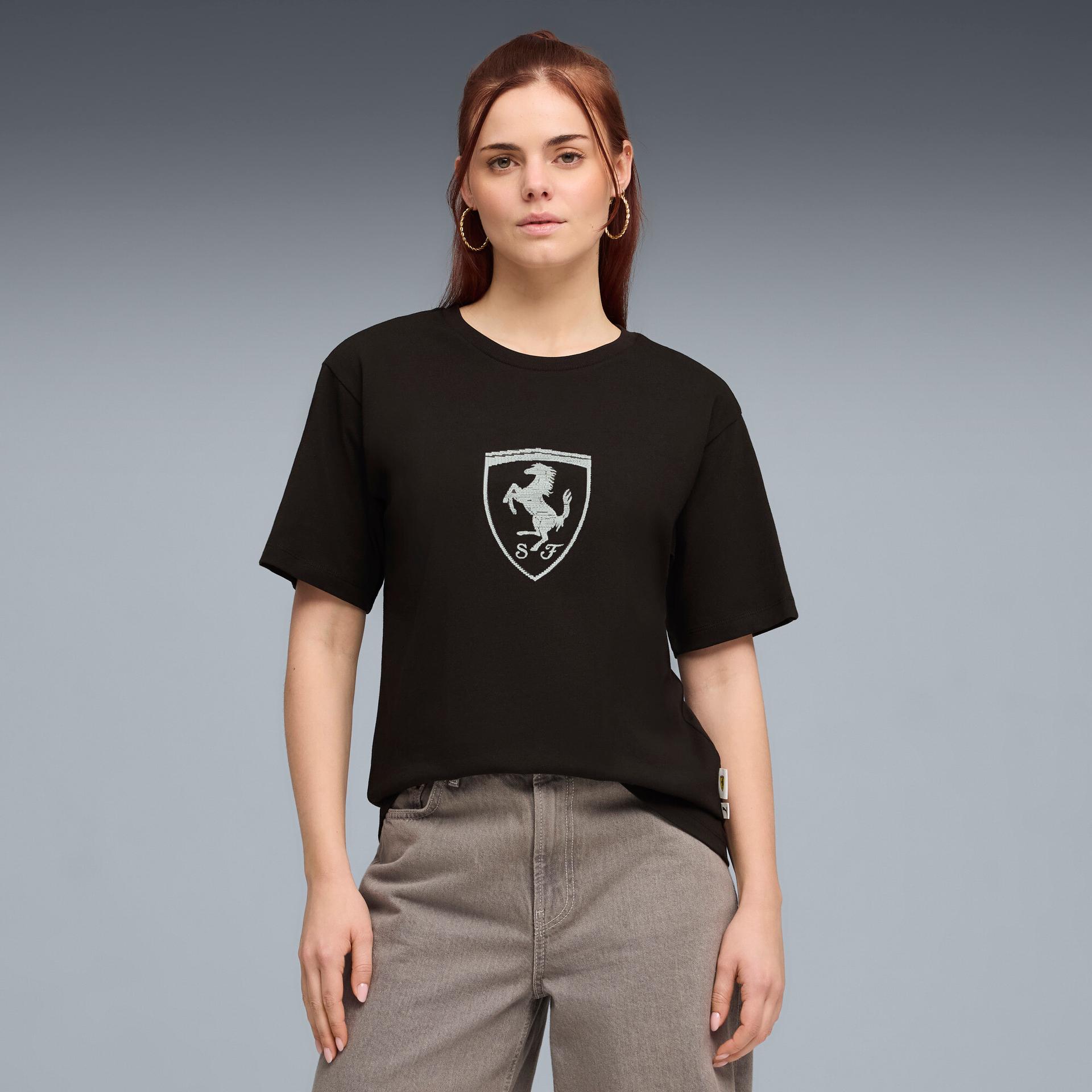 puma scuderia ferrari women's tonal shield t-shirt in black, size s