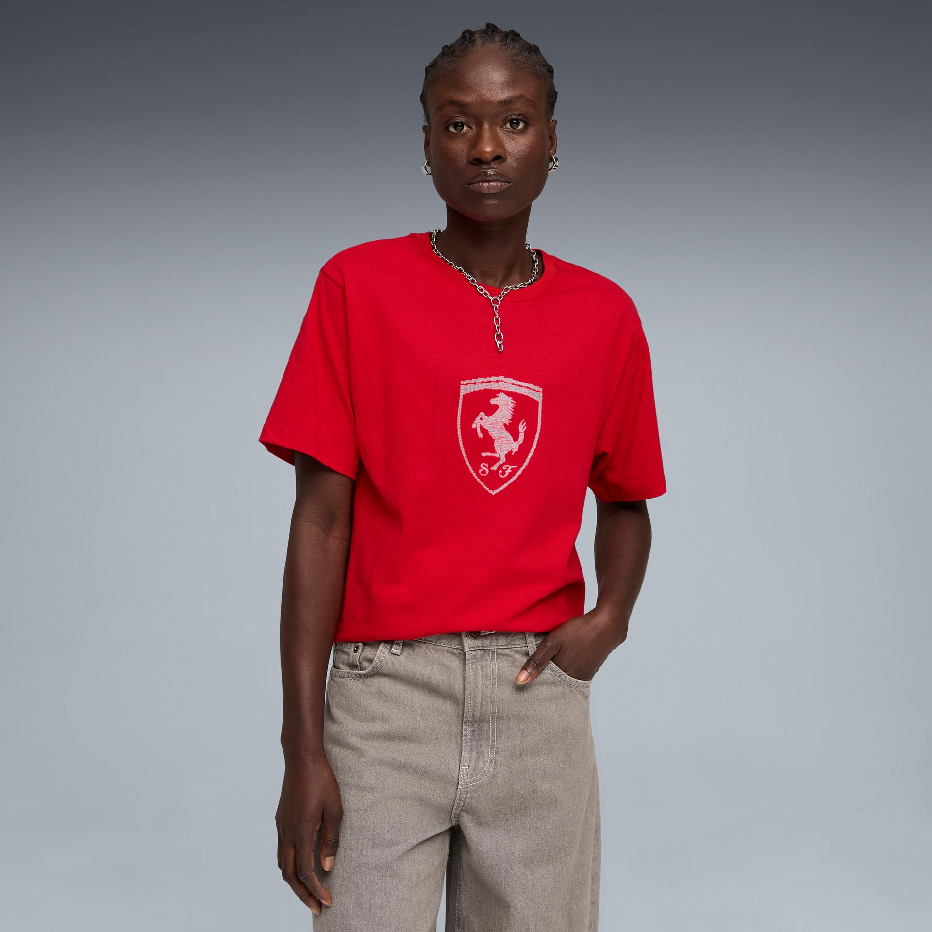 puma scuderia ferrari women's tonal shield t-shirt in red, size m