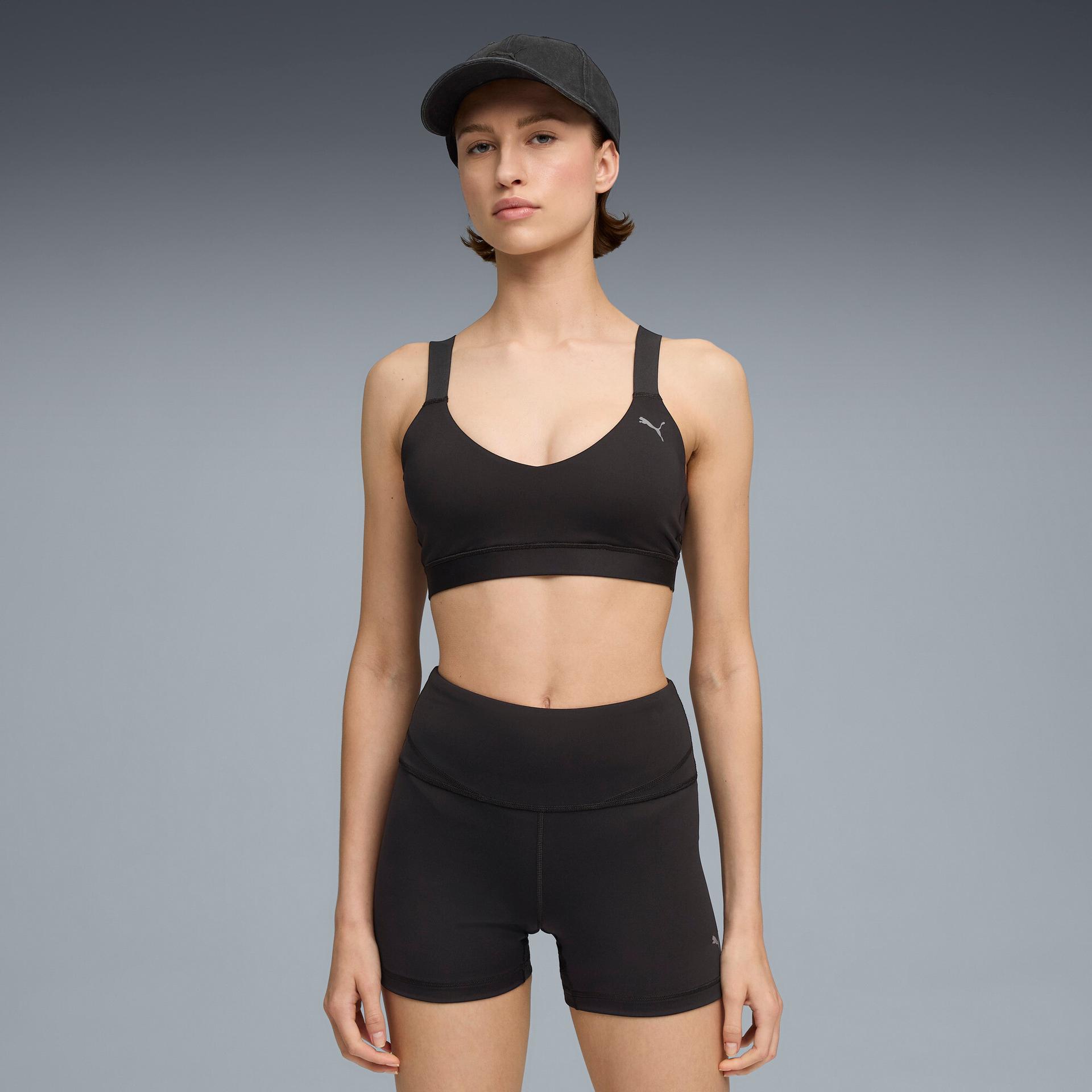 puma shape women's moisture wicking, low impact sports bra in black, size m