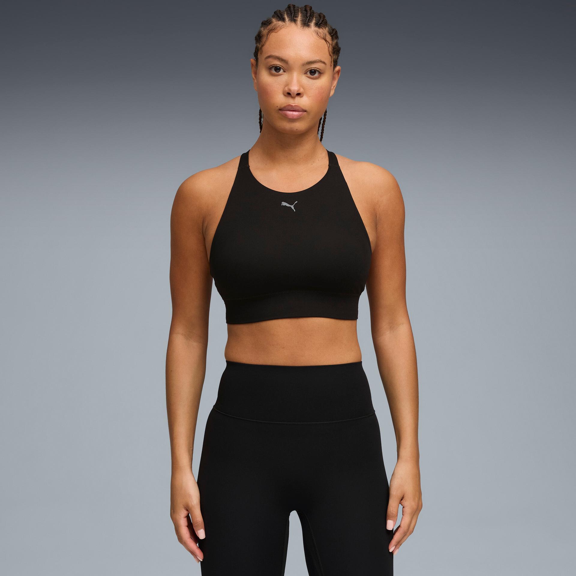 puma shapeluxe high neck women's moisture wicking, mid impact sports bra in black, size m