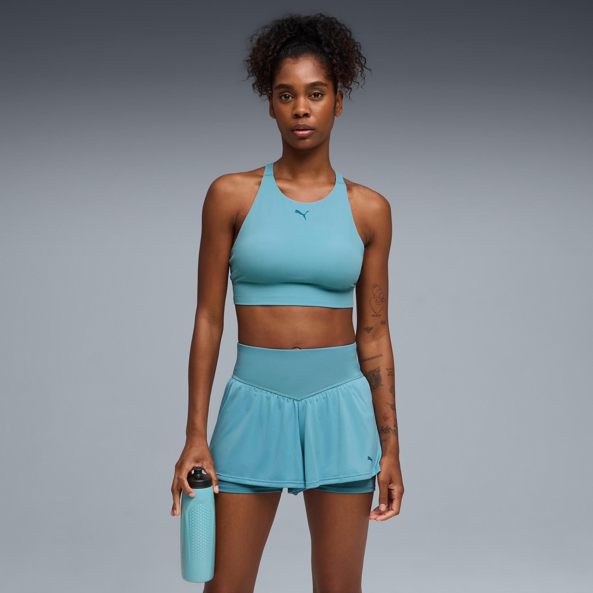puma shapeluxe high neck women's moisture wicking, mid impact sports bra in blue, size xxl