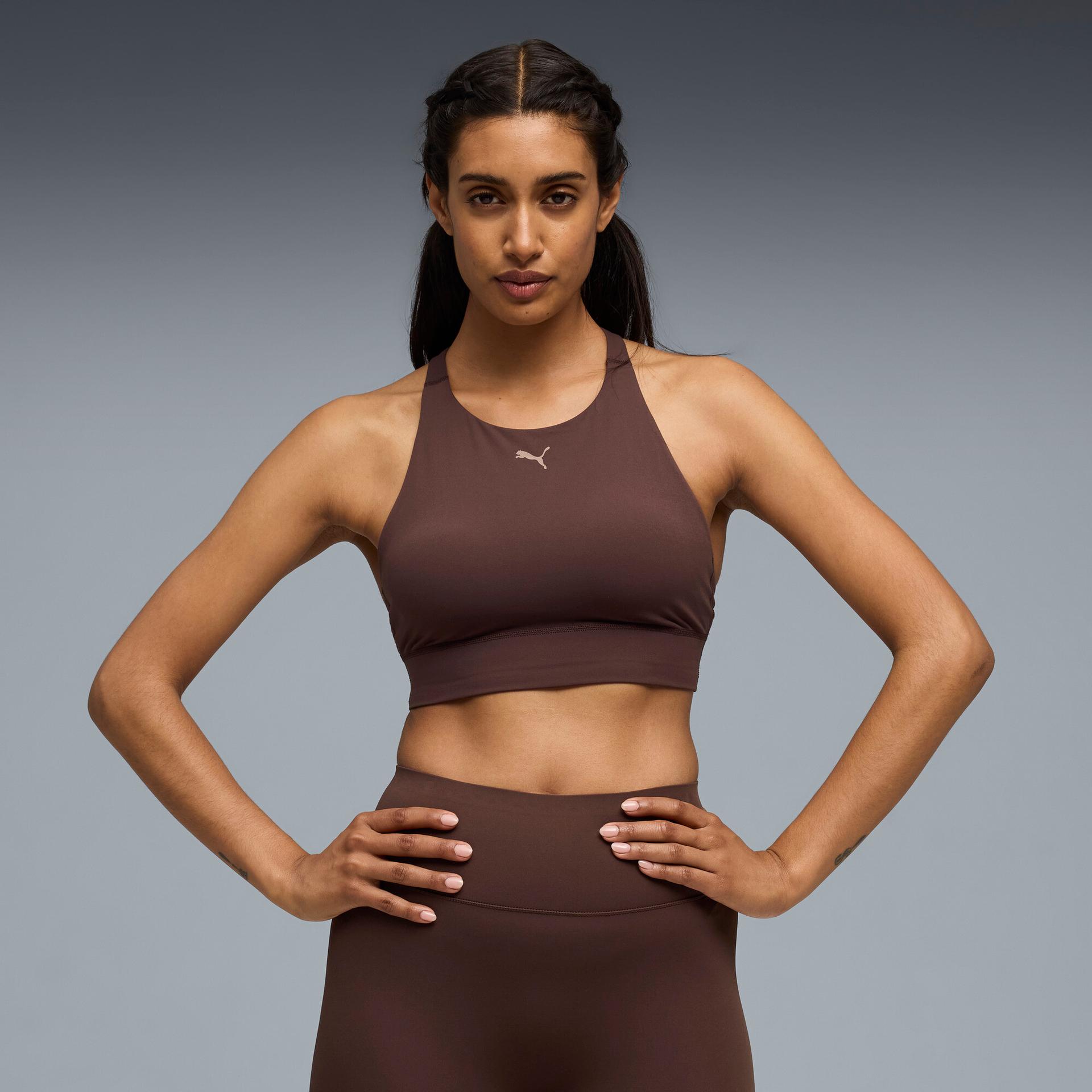 puma shapeluxe high neck women's moisture wicking, mid impact sports bra in brown, size xs