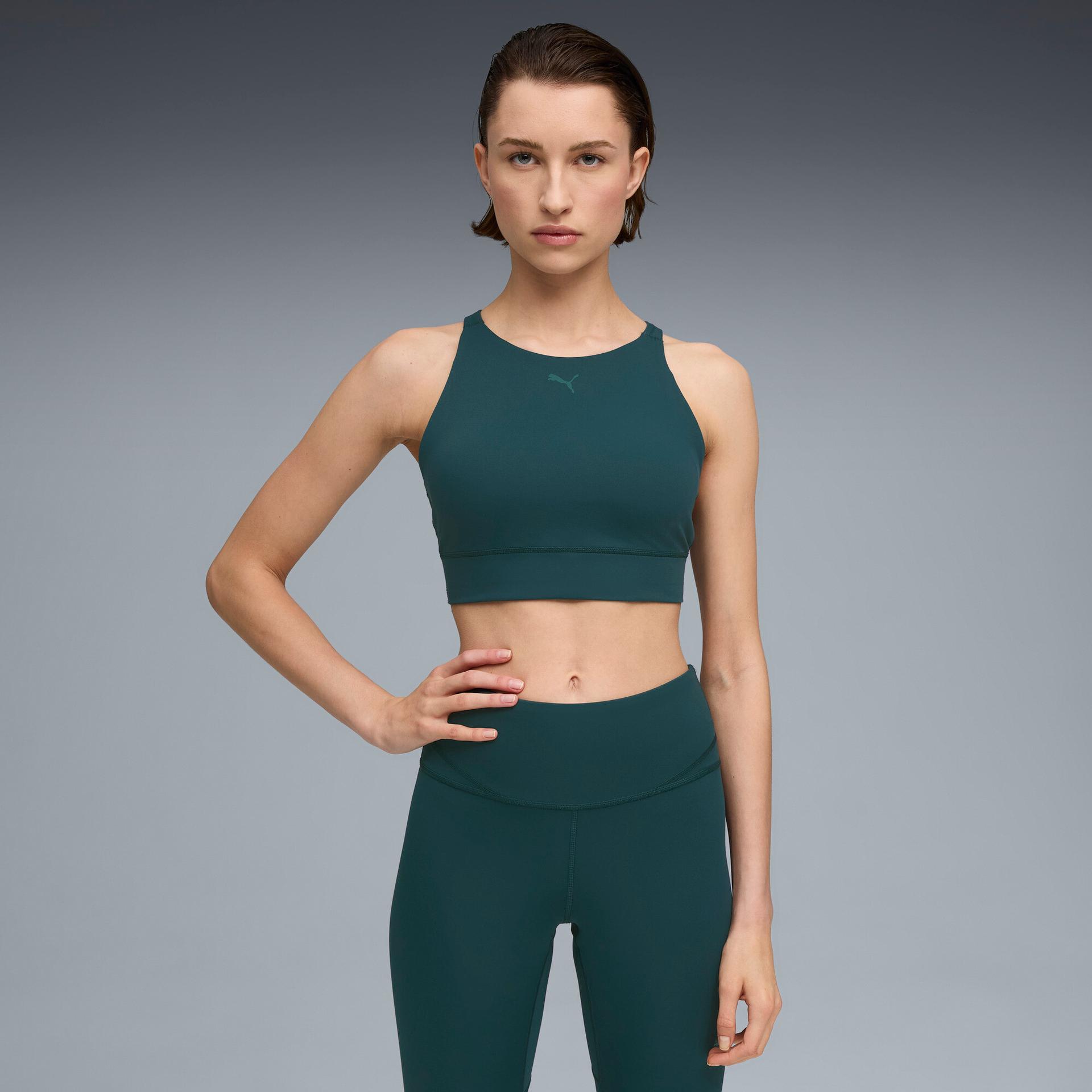 puma shapeluxe high neck women's moisture wicking, mid impact sports bra in green, size xs