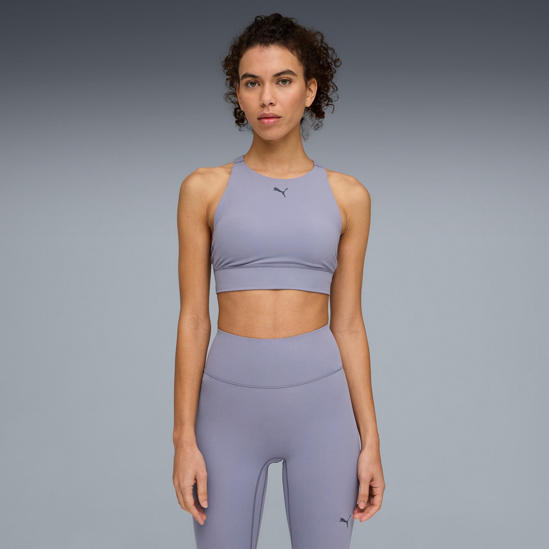 puma shapeluxe high neck women's moisture wicking, mid impact sports bra in grey, size s