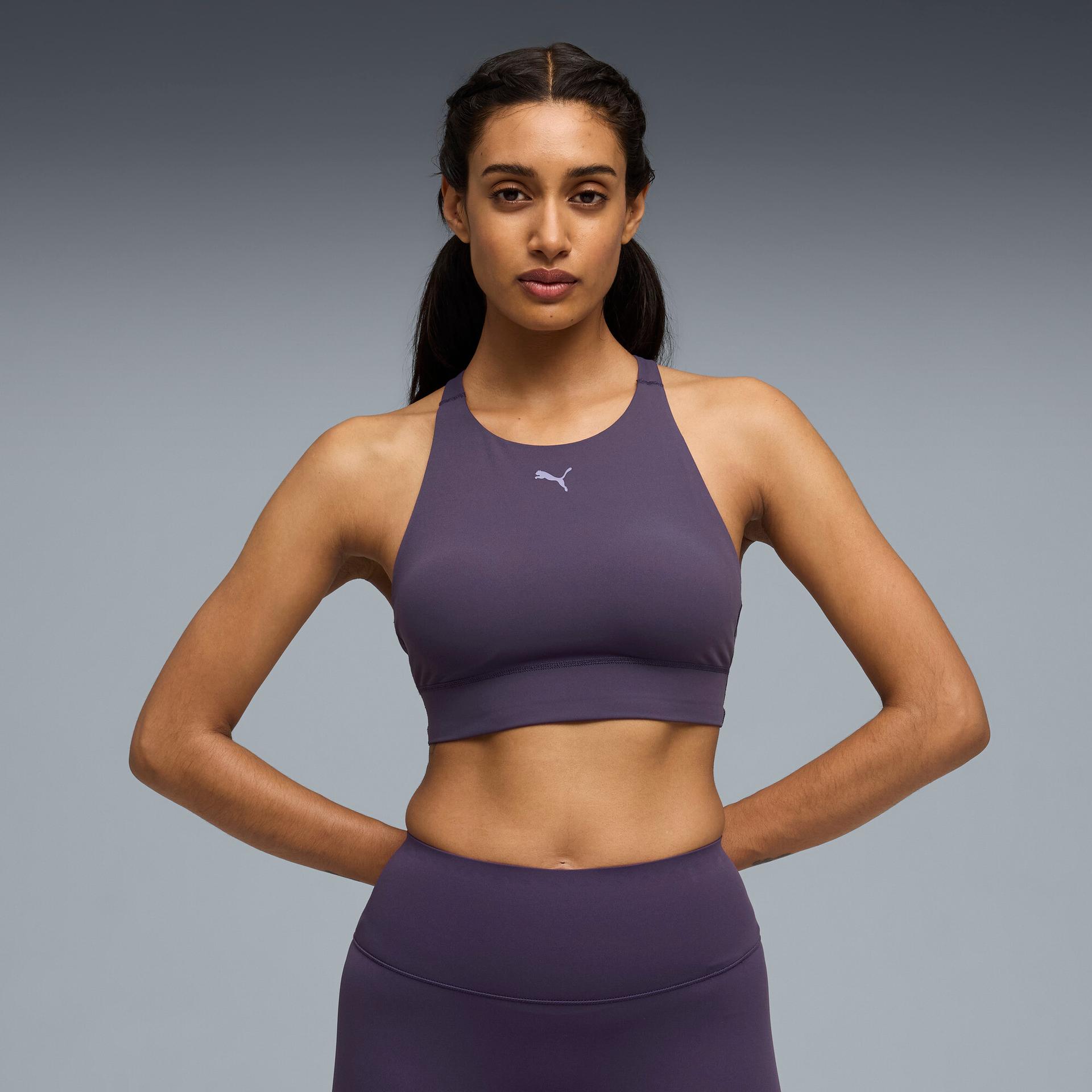 puma shapeluxe high neck women's moisture wicking, mid impact sports bra in purple, size l