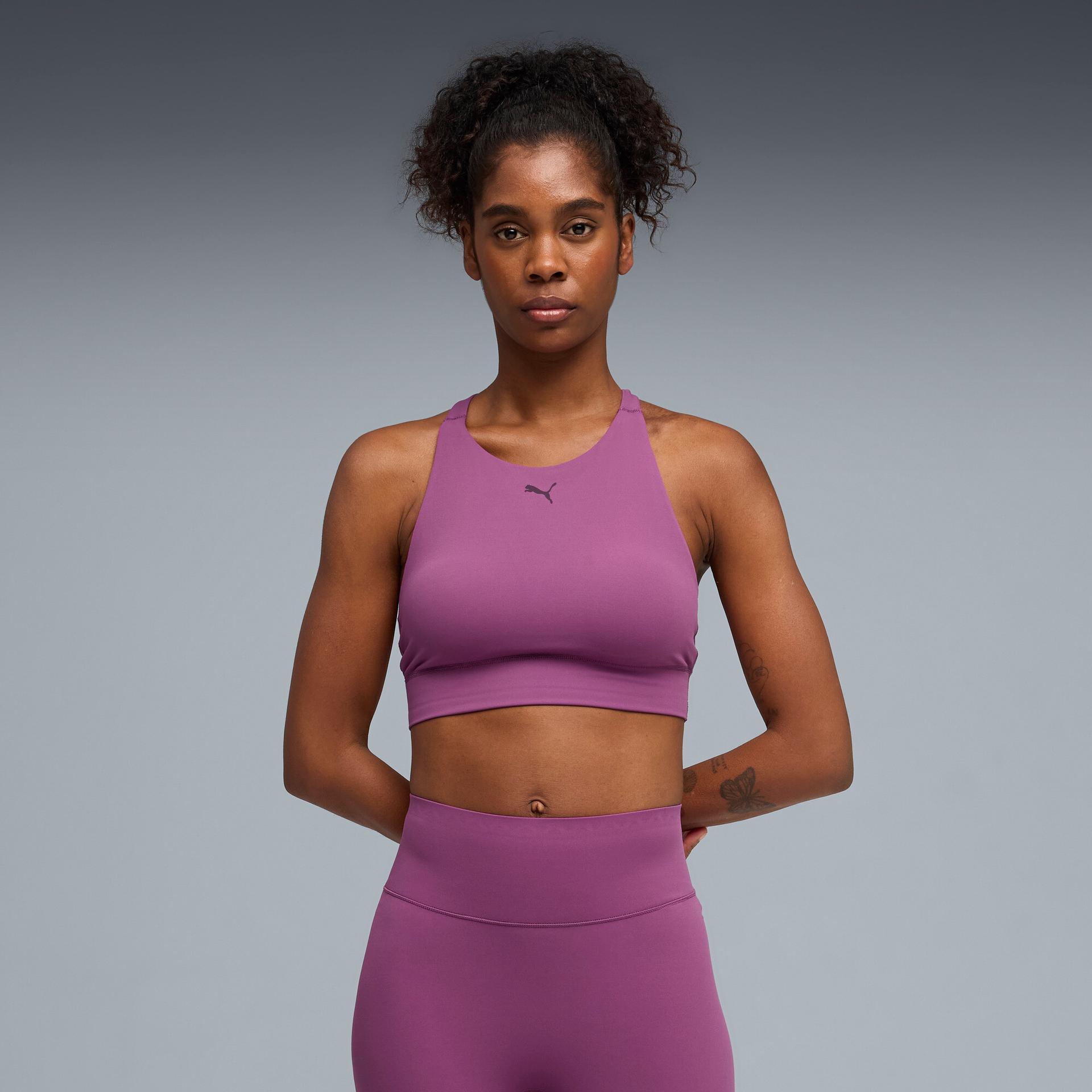 puma shapeluxe high neck women's moisture wicking, mid impact sports bra in purple, size m