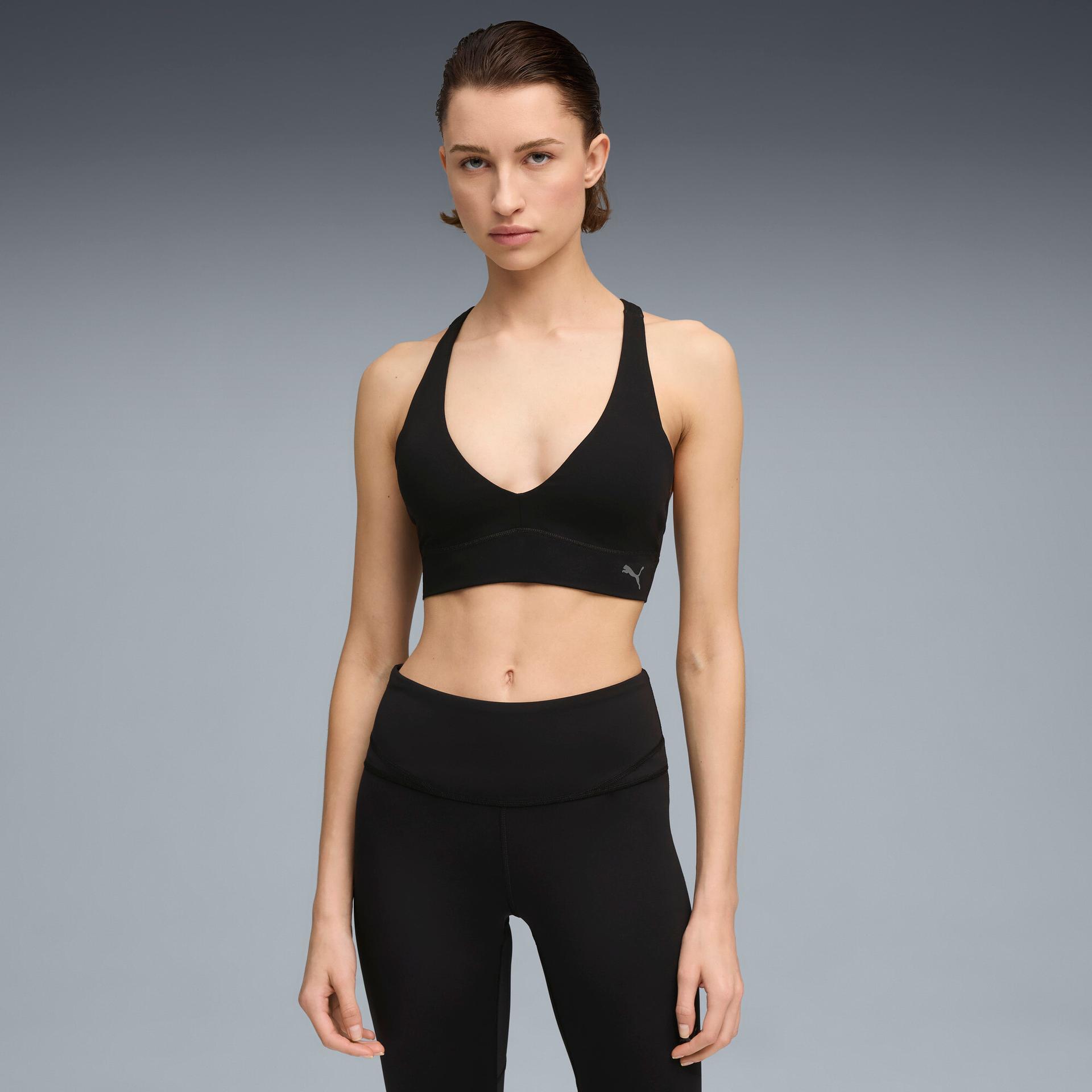 puma shapeluxe plunge women's moisture wicking, low impact sports bra in black, size l