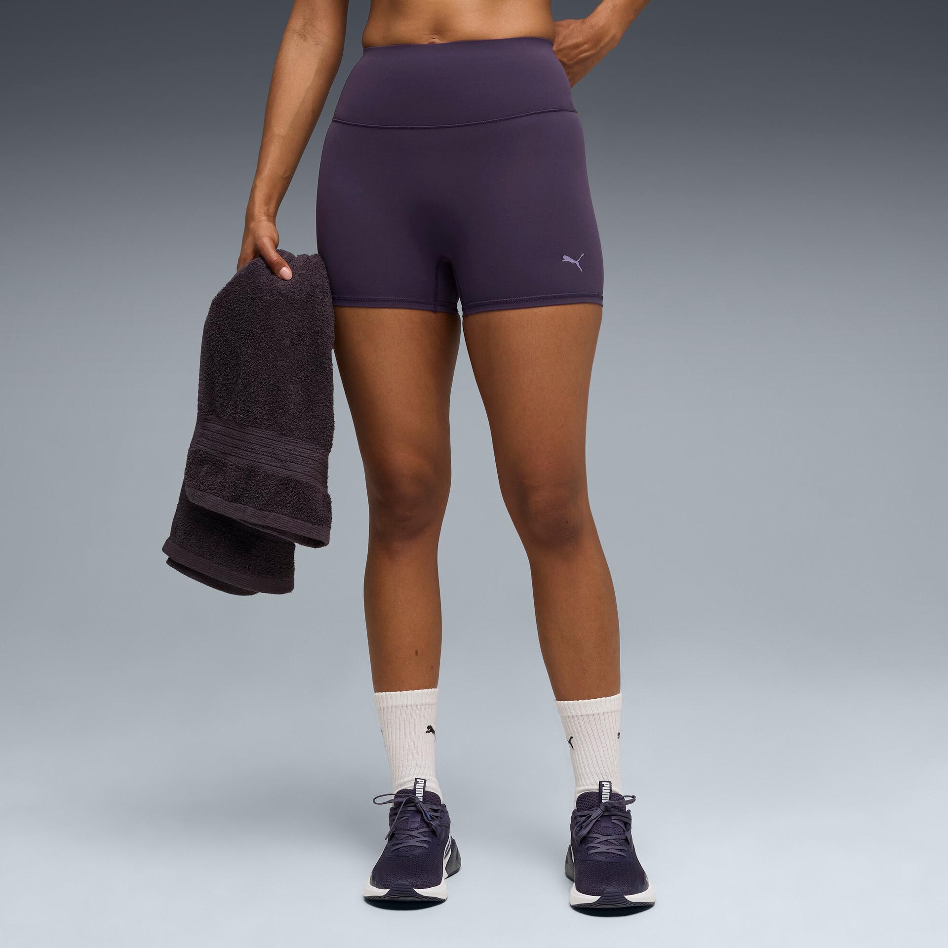 puma shapeluxe women's 3" training short tights in purple, size l