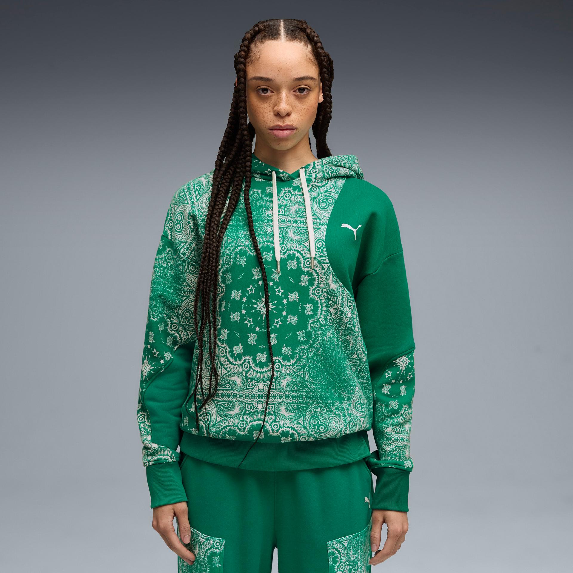 puma shooting stars women's basketball hoodie in green, size l
