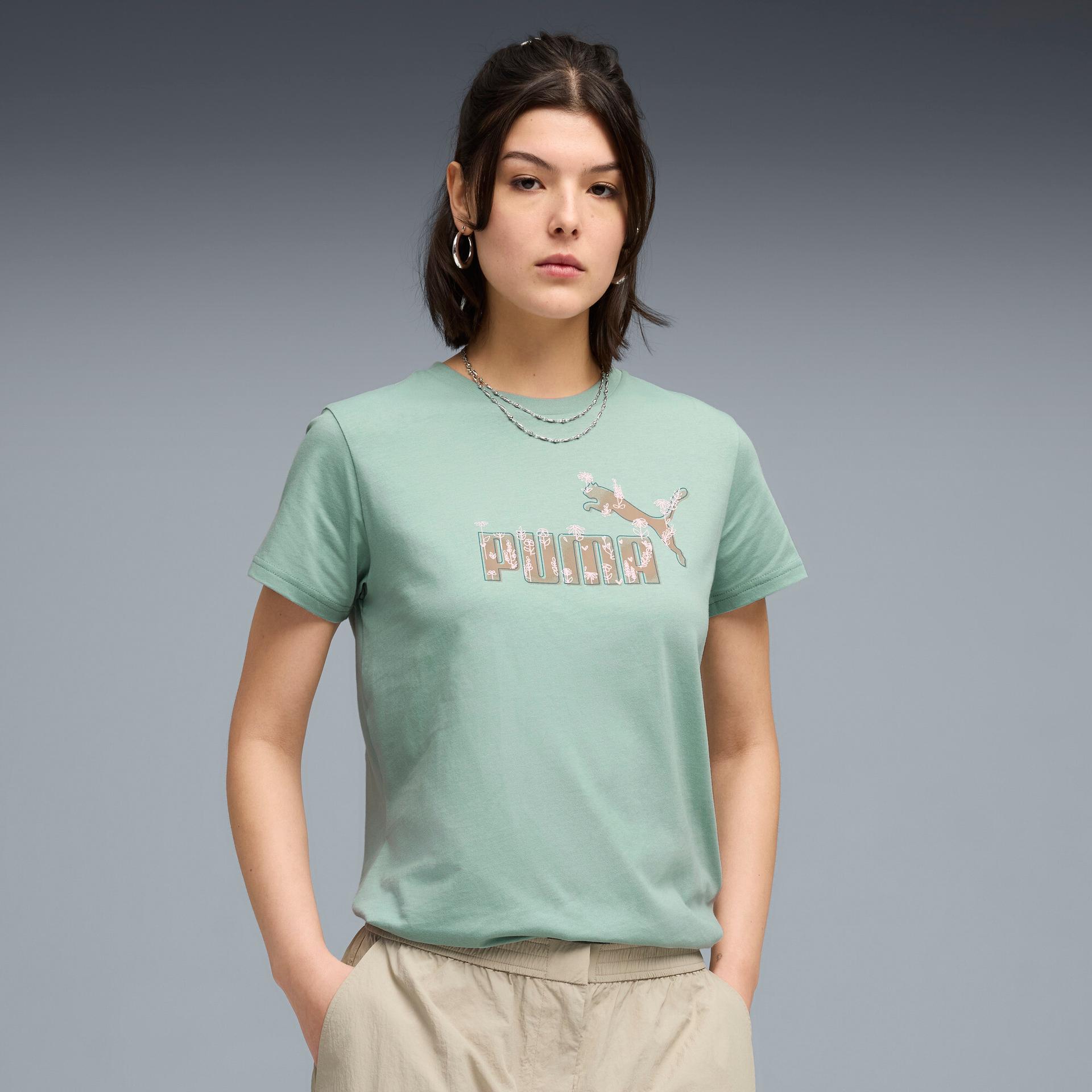 puma sketched florals women's t-shirt in green, size s