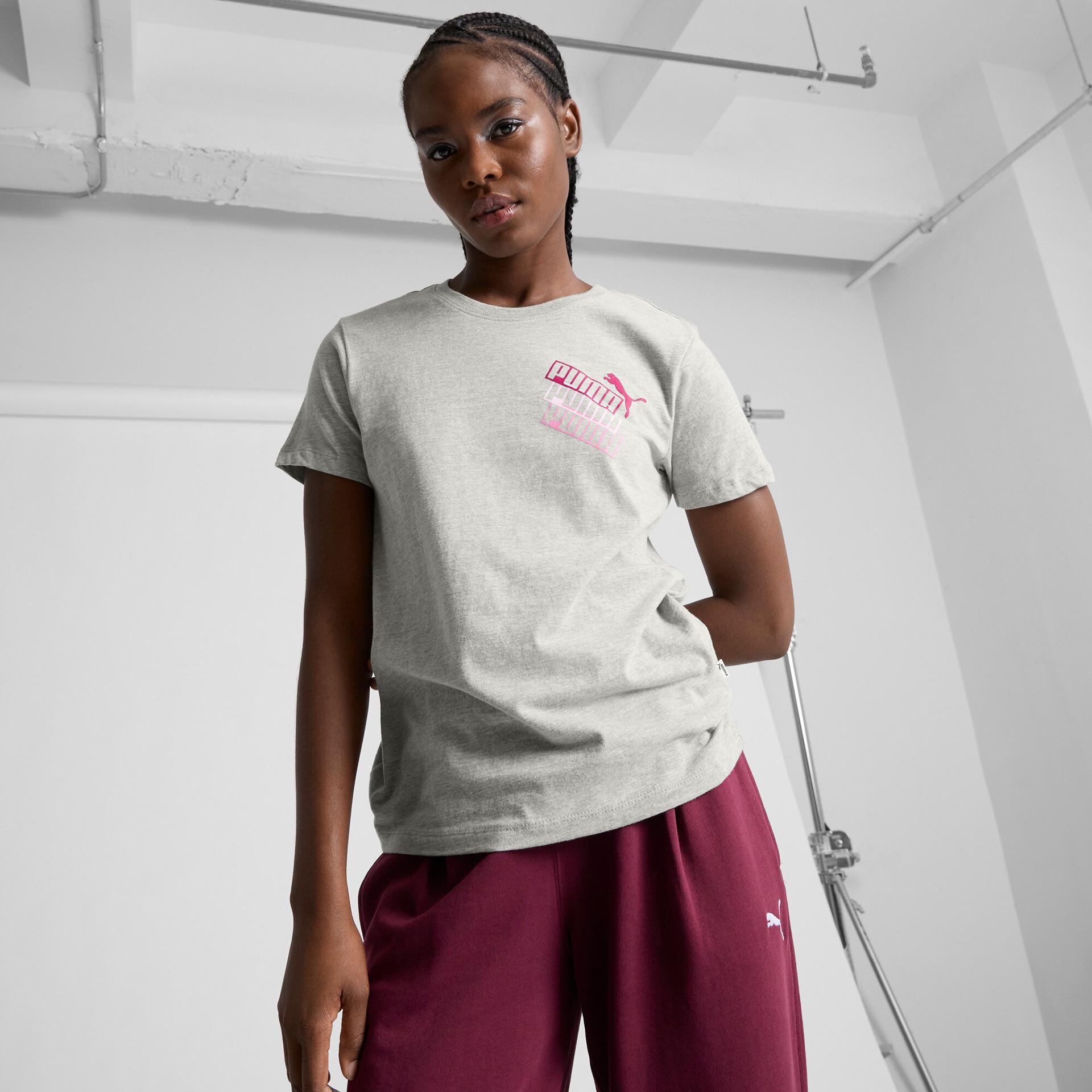 puma stacked up logo women's t-shirt in grey, size m