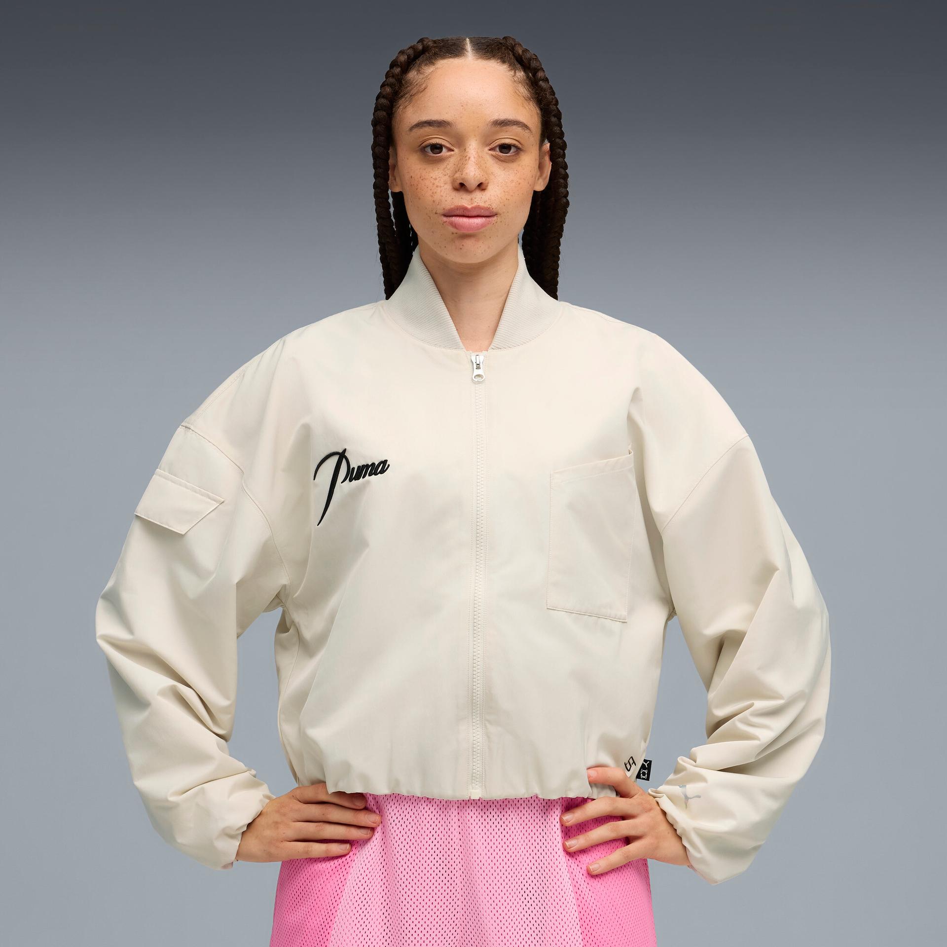 puma stewie timeless women's basketball bomber jacket in white, size xs