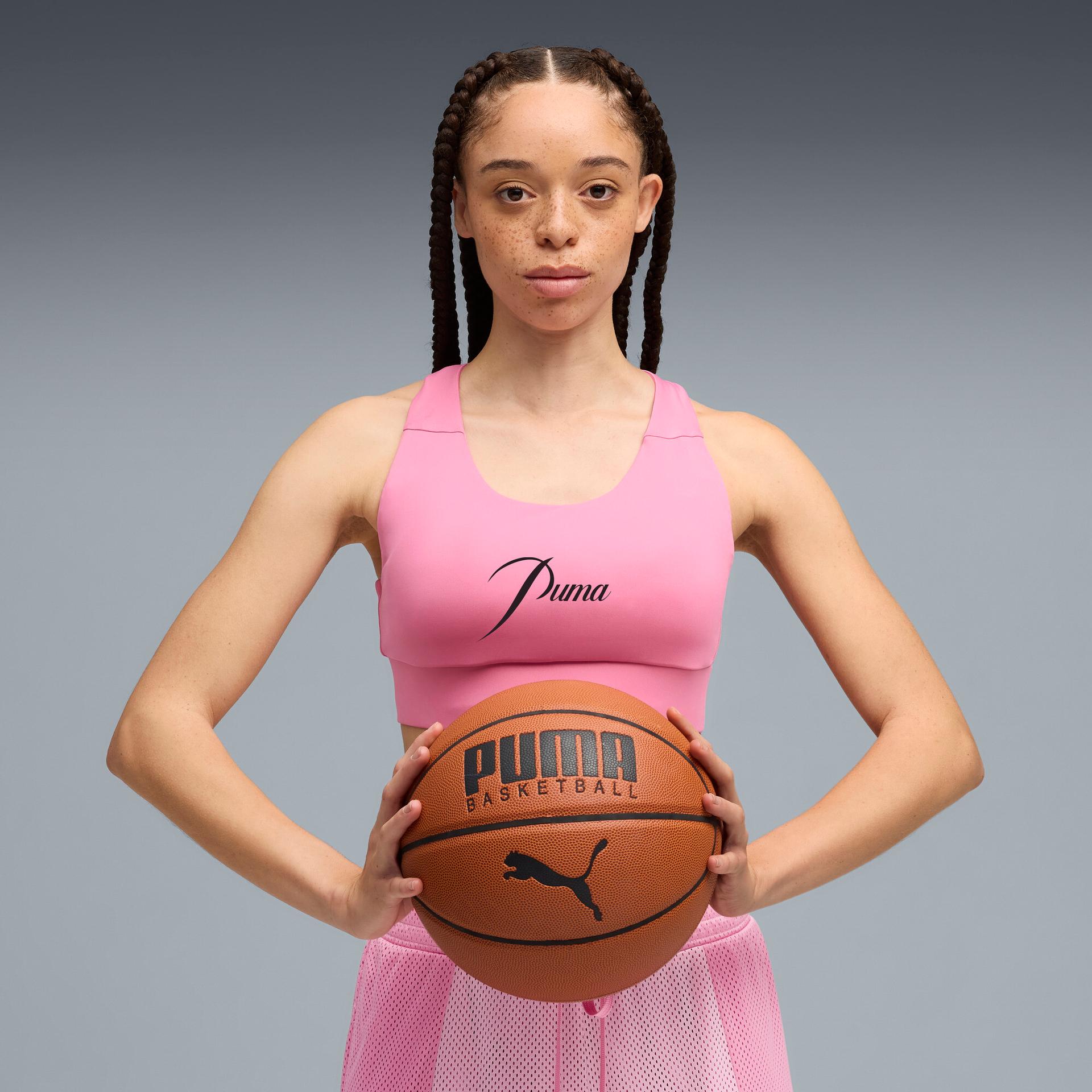 puma stewie timeless women's moisture wicking, mid impact sports bra in pink, size xxl
