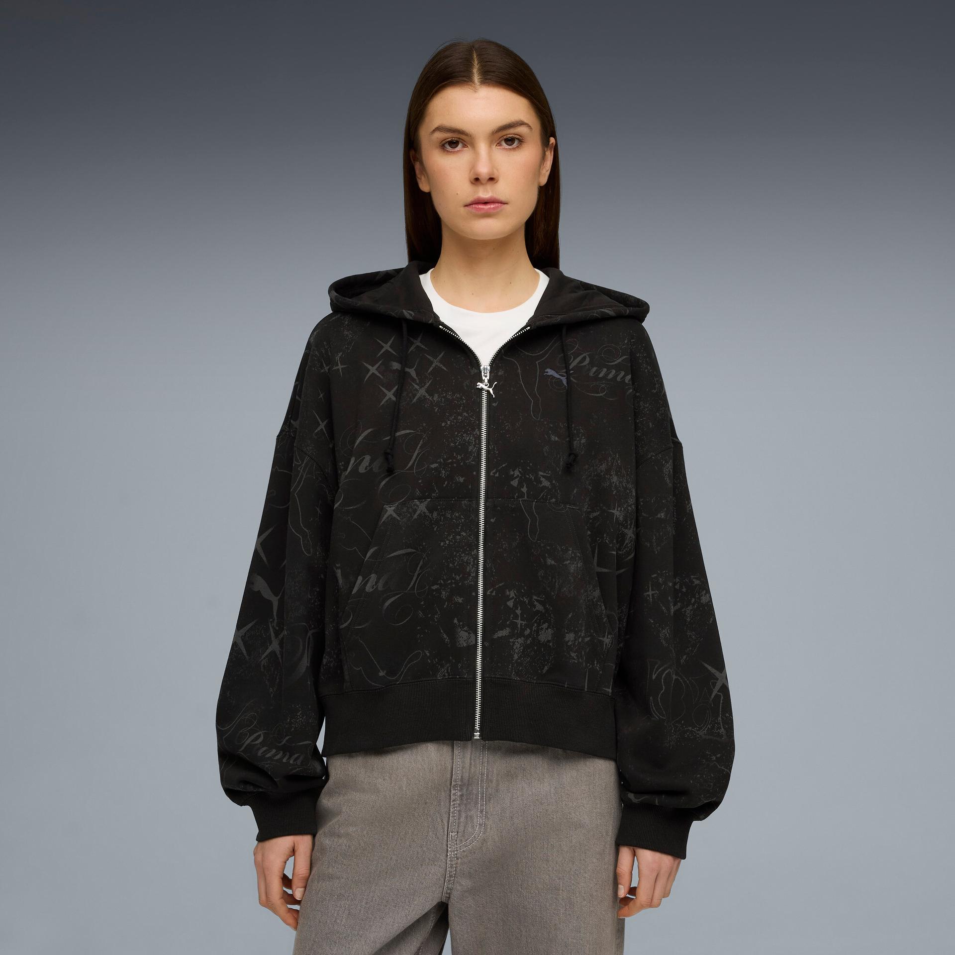 puma street glam women's oversized zip-up hoodie in black, size m