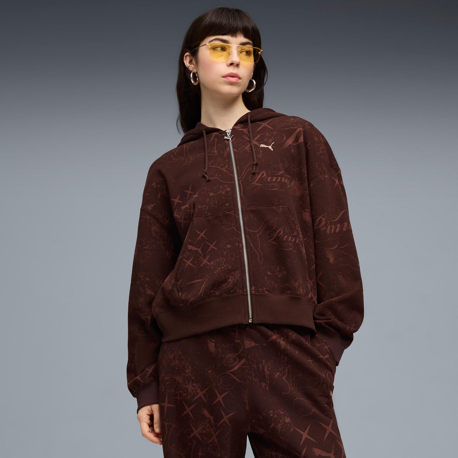 puma street glam women's oversized zip-up hoodie in brown, size l
