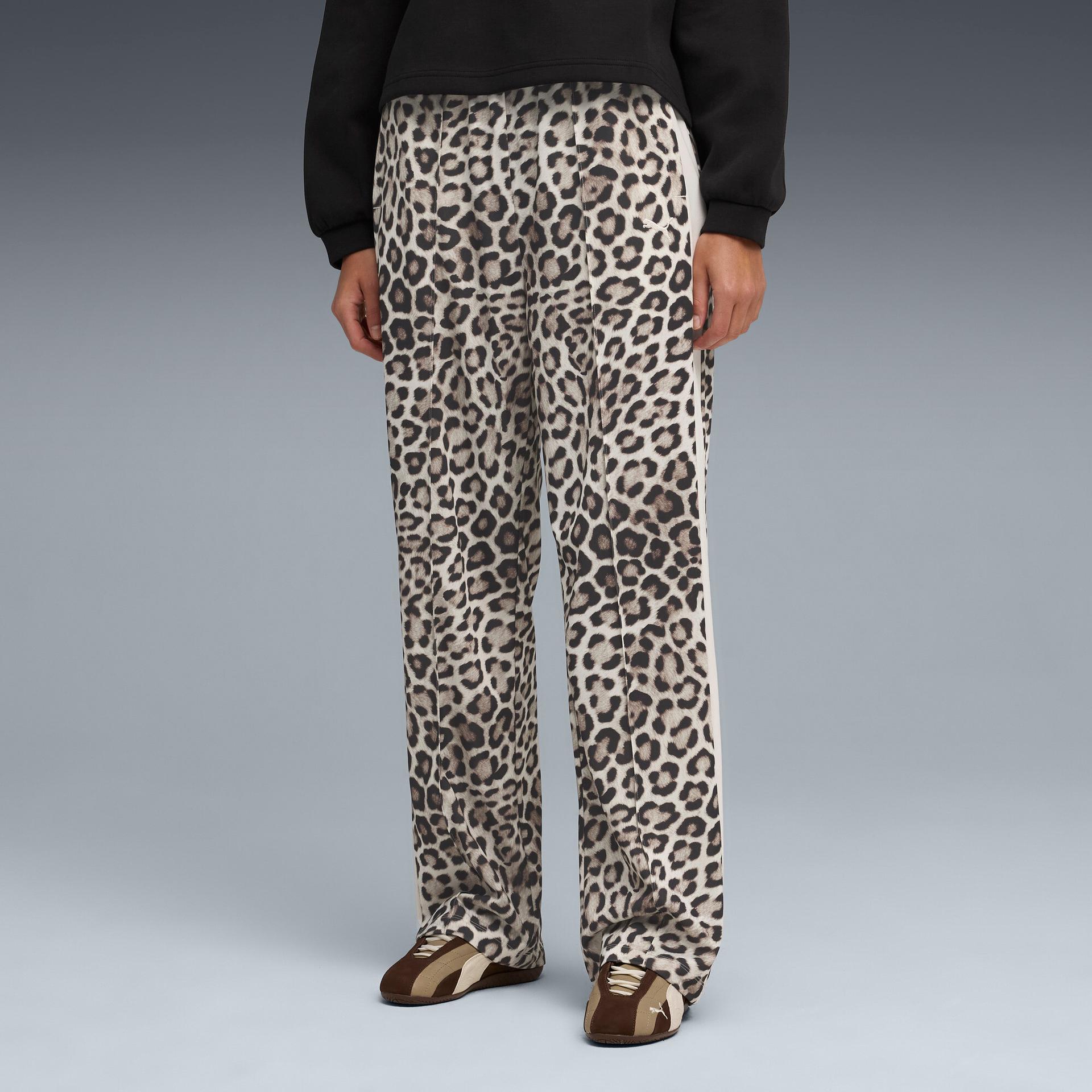 puma t7 leopard luxe women's animal print straight sweatpants in white, size xs