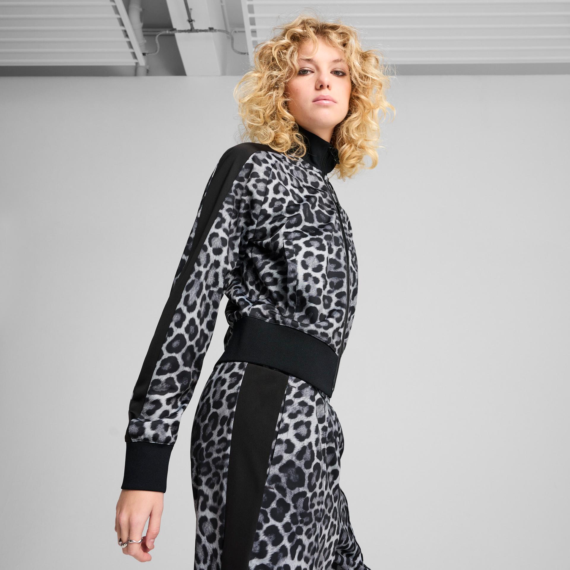puma t7 leopard luxe women's animal print track jacket in black, size s