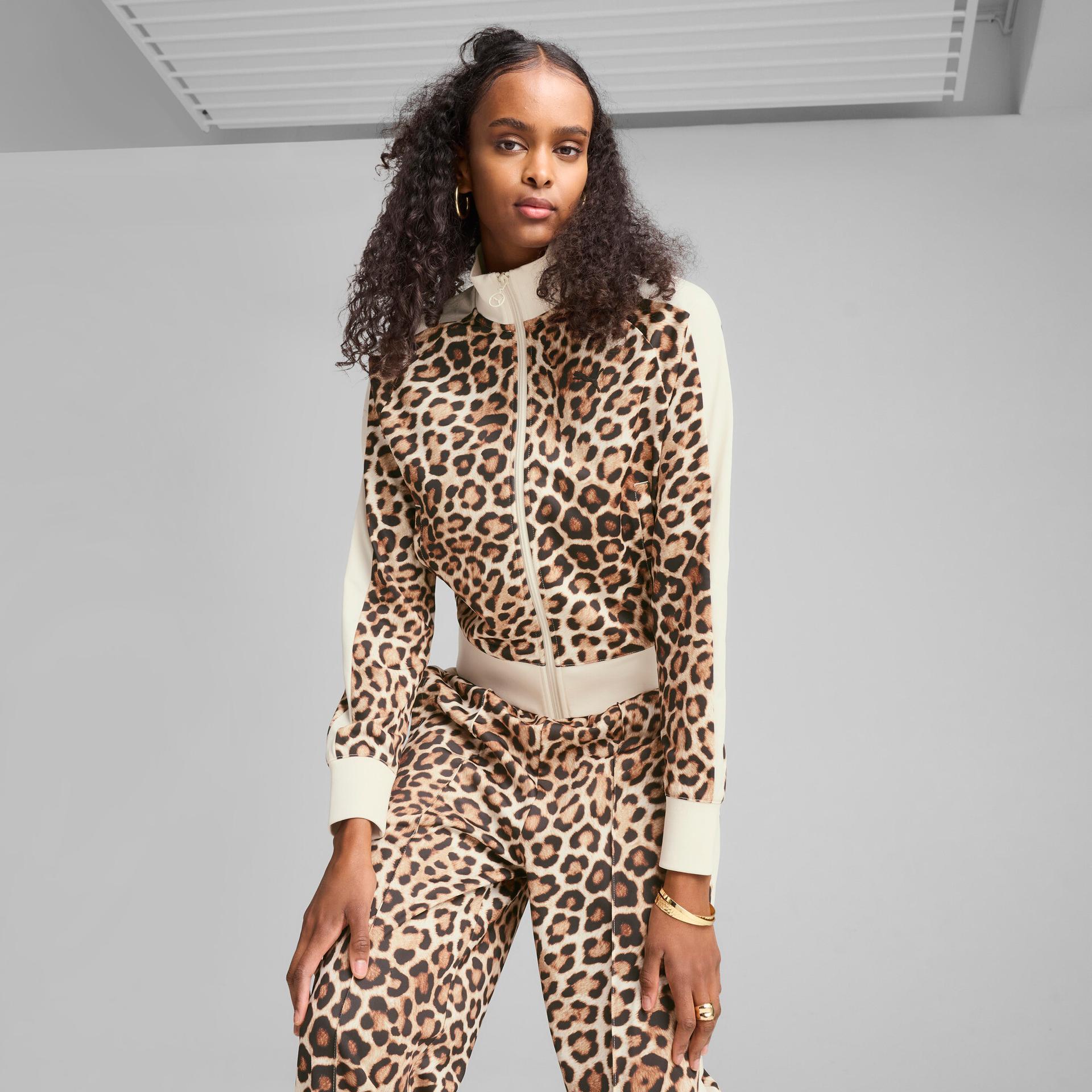 puma t7 leopard luxe women's animal print track jacket in white, size s