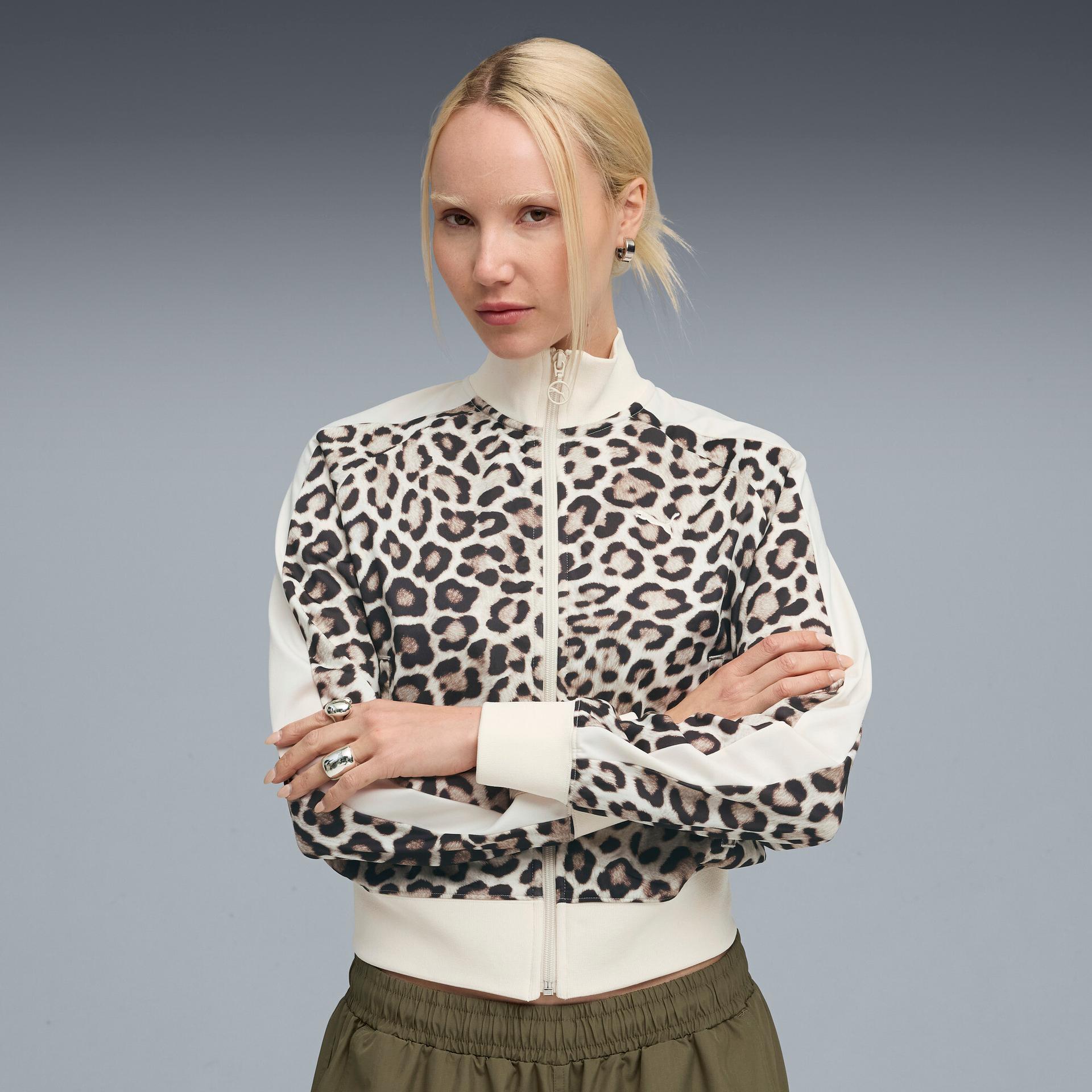puma t7 leopard luxe women's animal print track jacket in white, size xs
