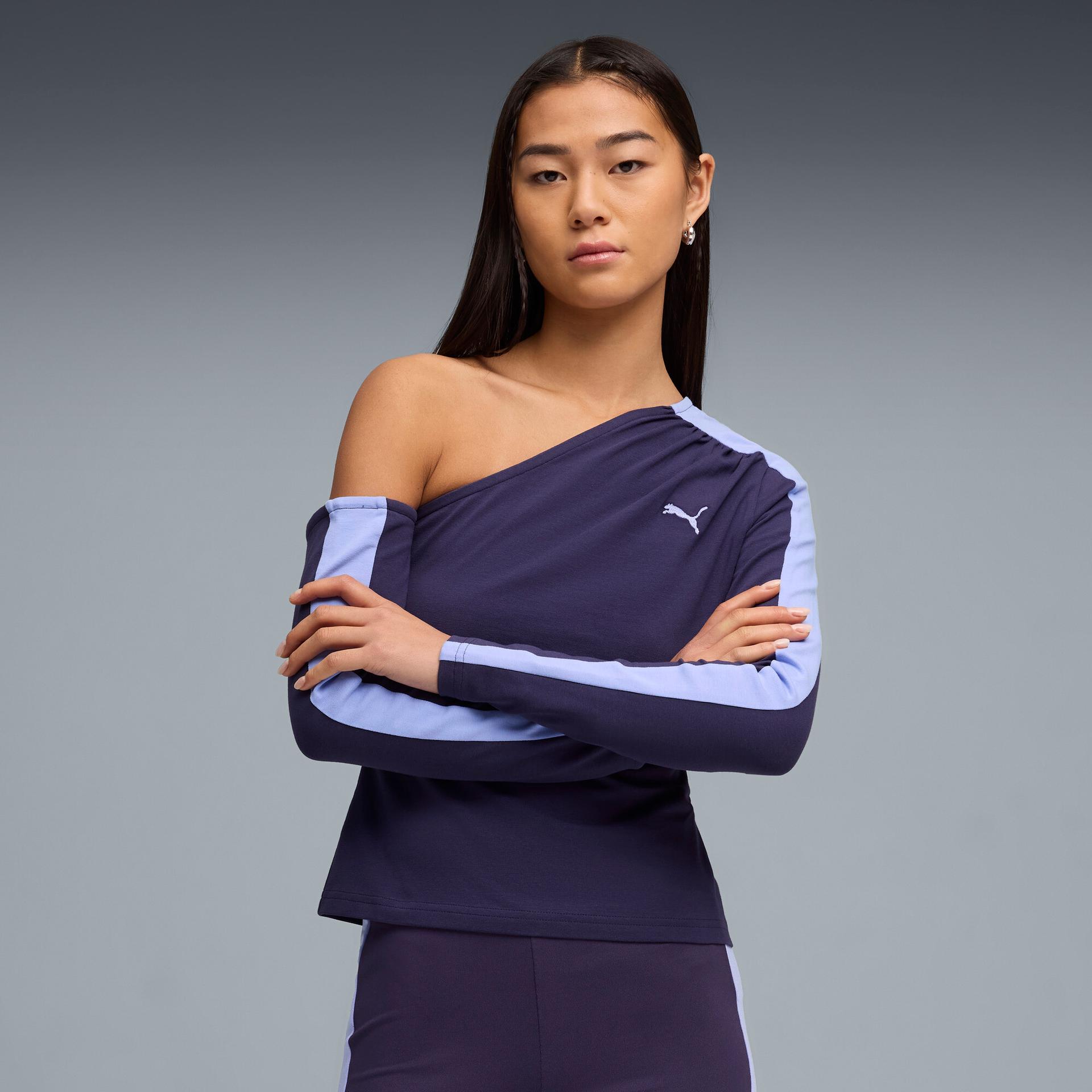 puma t7 women's asymmetric top in purple, size s
