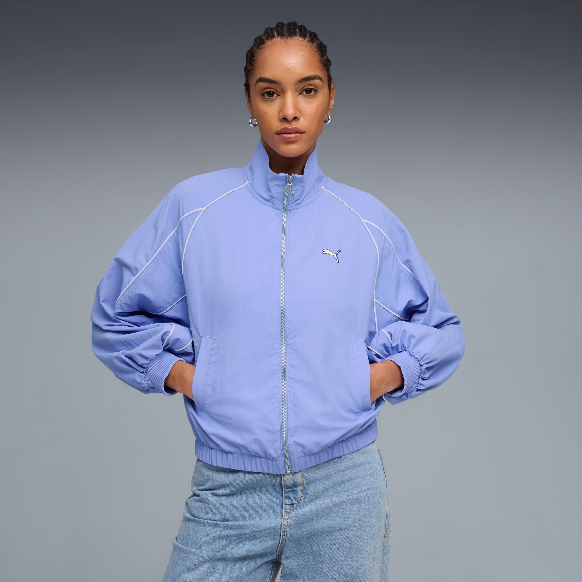 puma t7 women's balloon jacket in purple, size m
