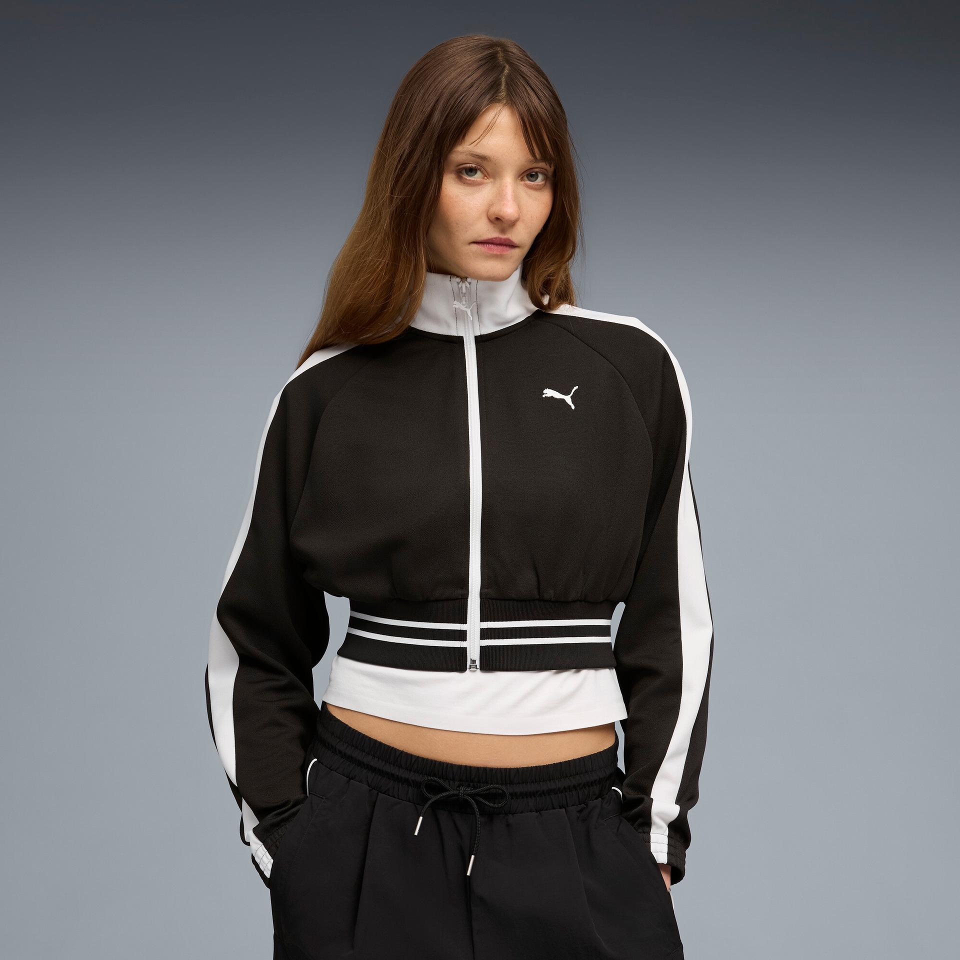 puma t7 women's cropped track jacket in black, size xs