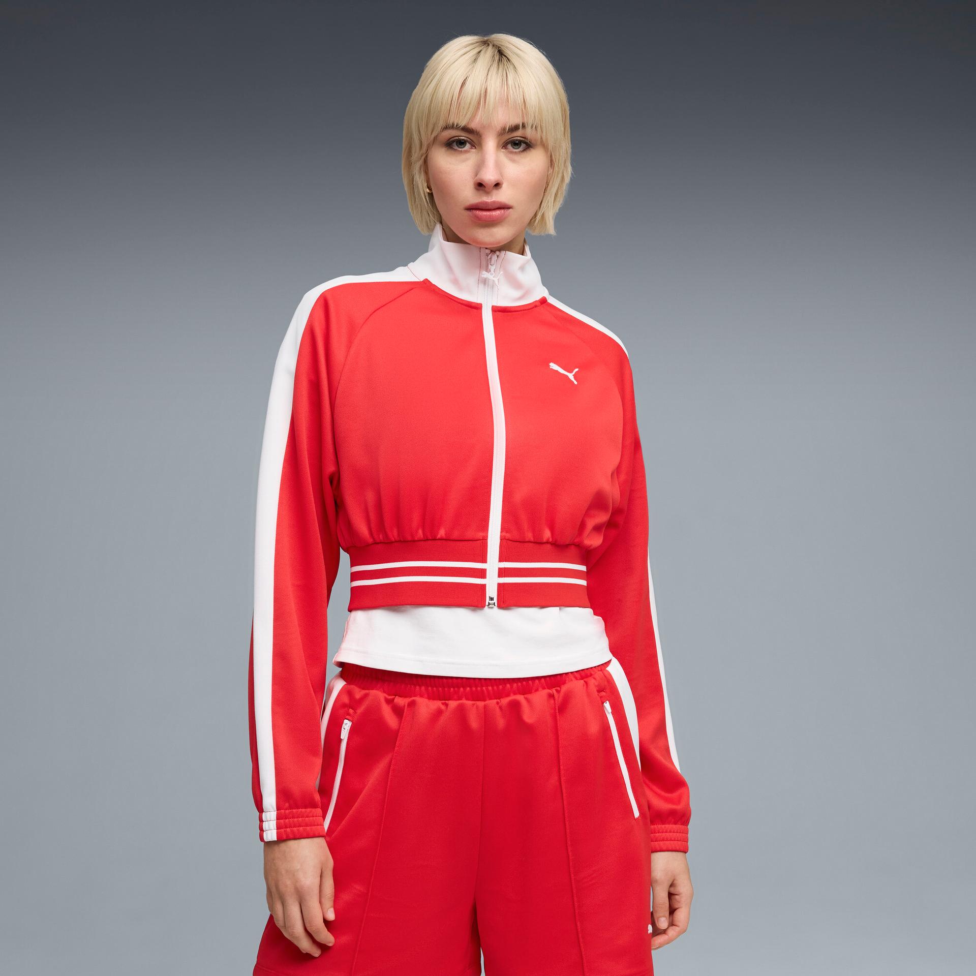 puma t7 women's cropped track jacket in red, size xs
