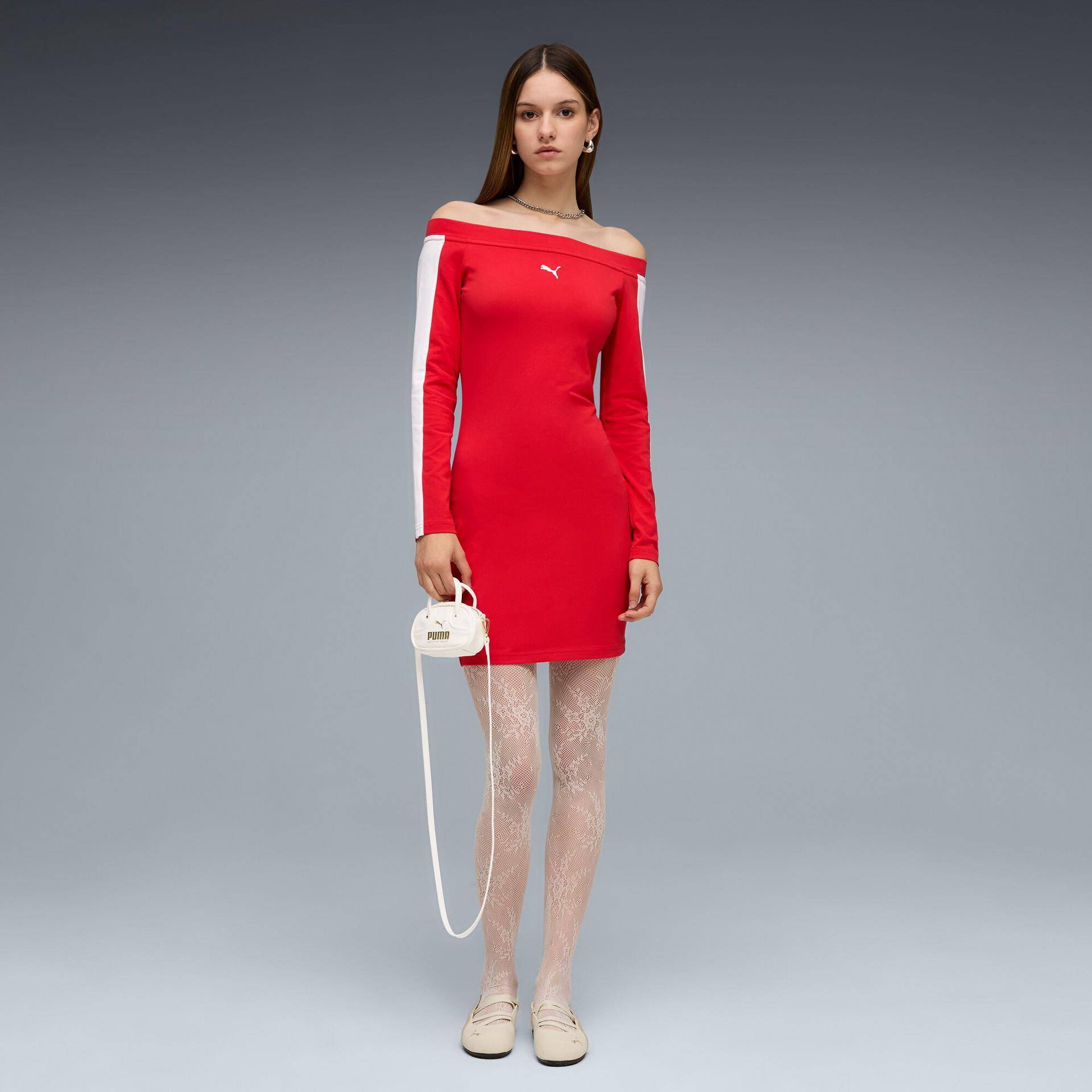 puma t7 women's long sleeve dress in red, size m