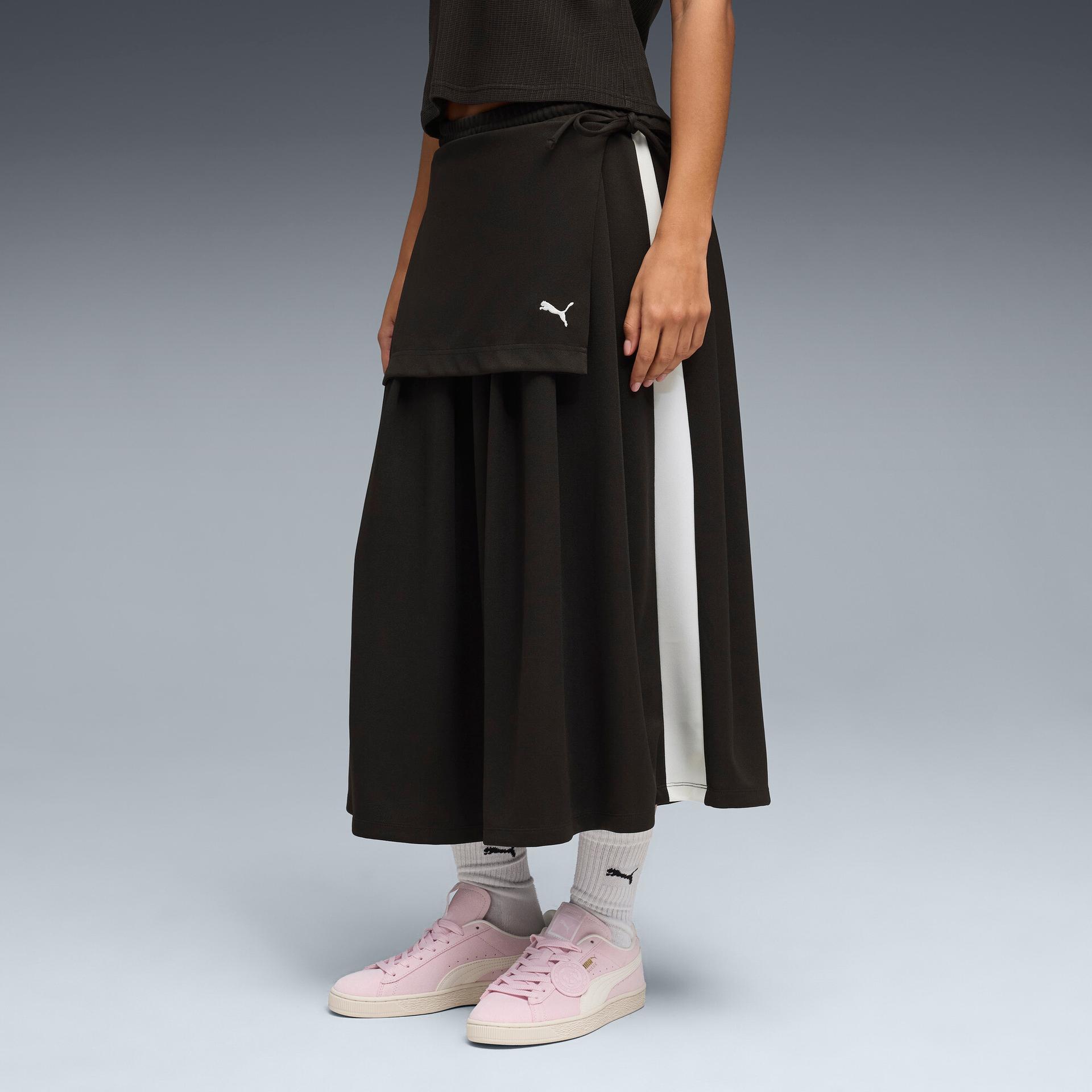 puma t7 women's midi pleated skirt in black, size l