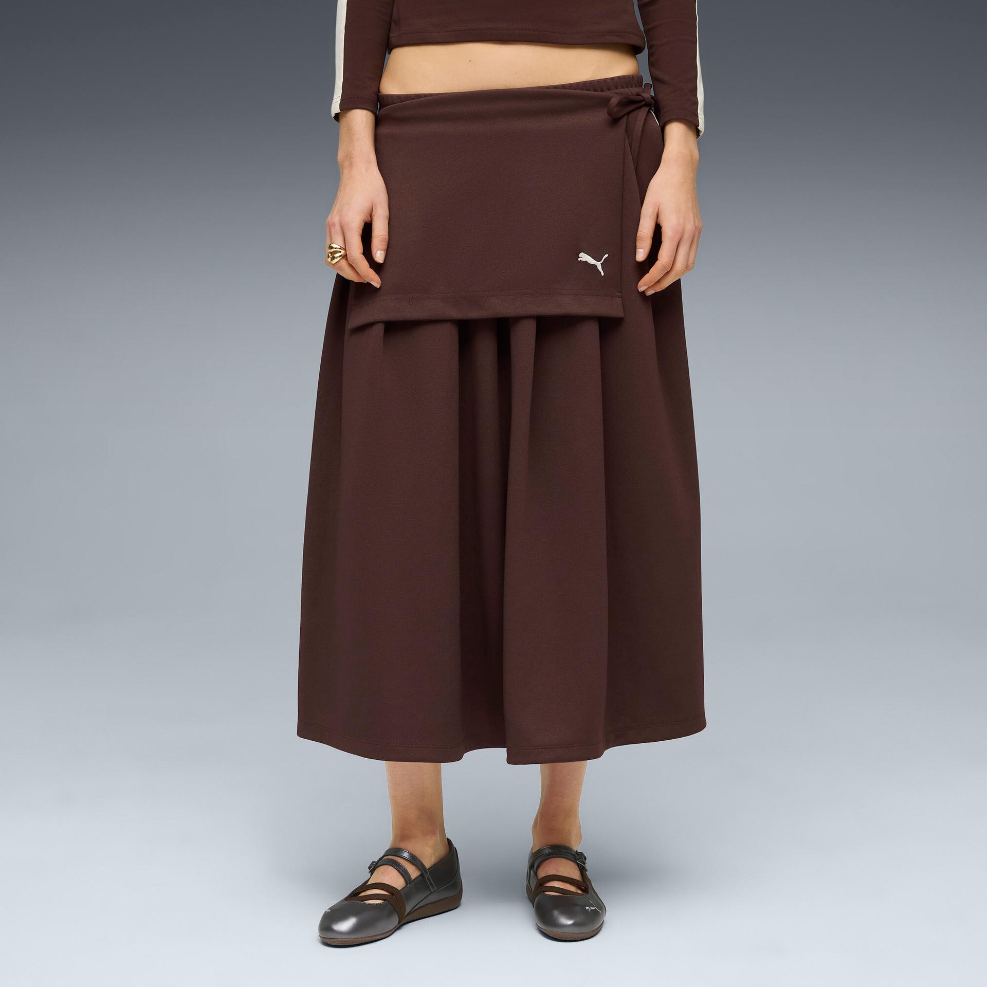 puma t7 women's midi pleated skirt in brown, size l