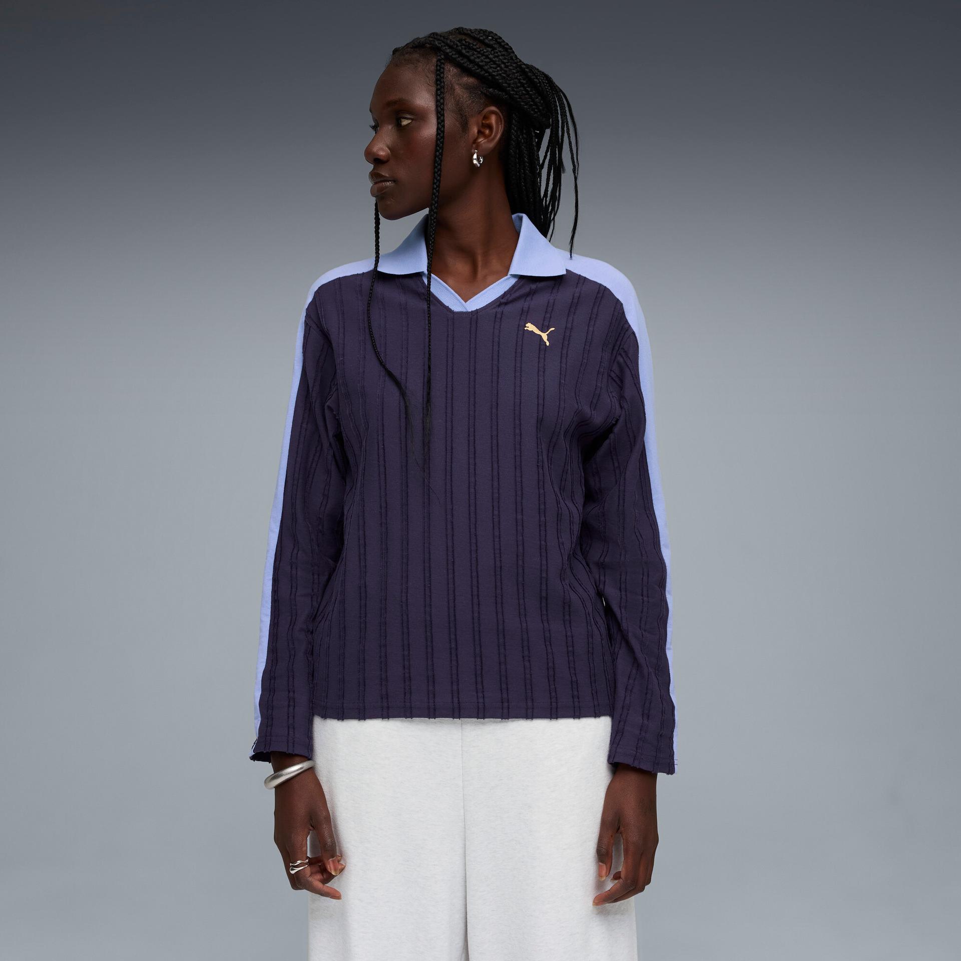 puma t7 women's relaxed long sleeve polo shirt in purple, size l