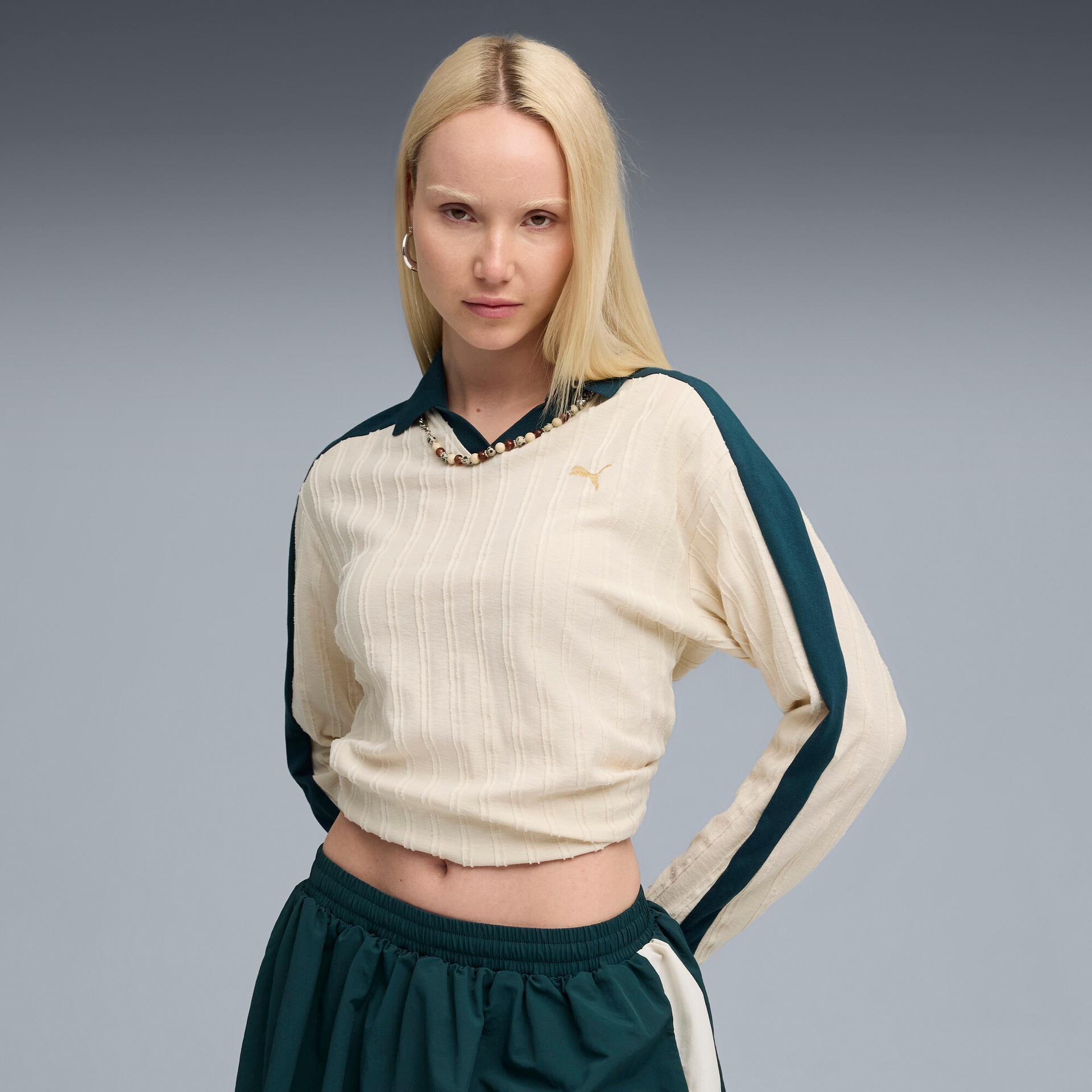 puma t7 women's relaxed long sleeve polo shirt in white, size xl