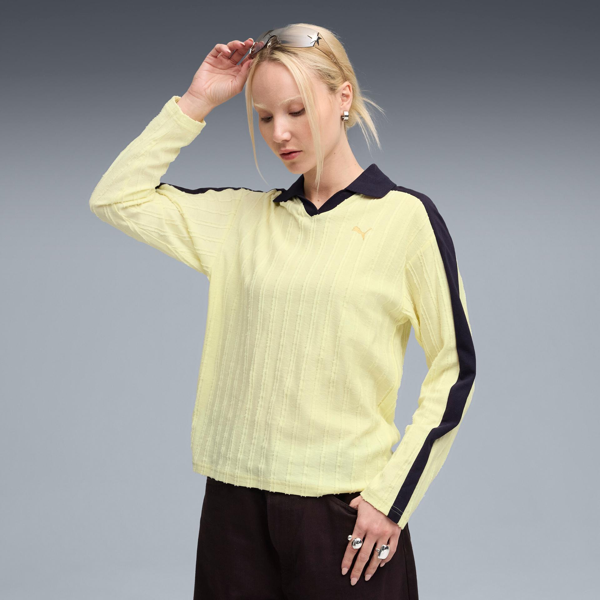 puma t7 women's relaxed long sleeve polo shirt in yellow, size s