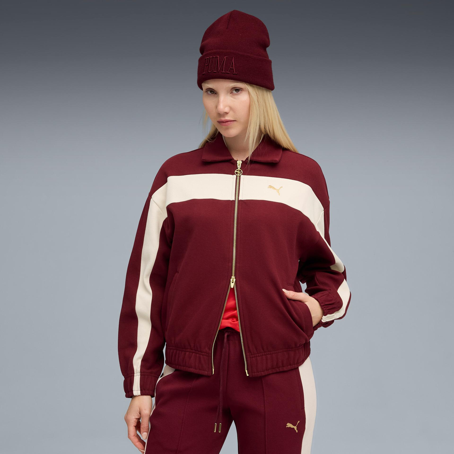 puma t7 women's relaxed track jacket in red, size m