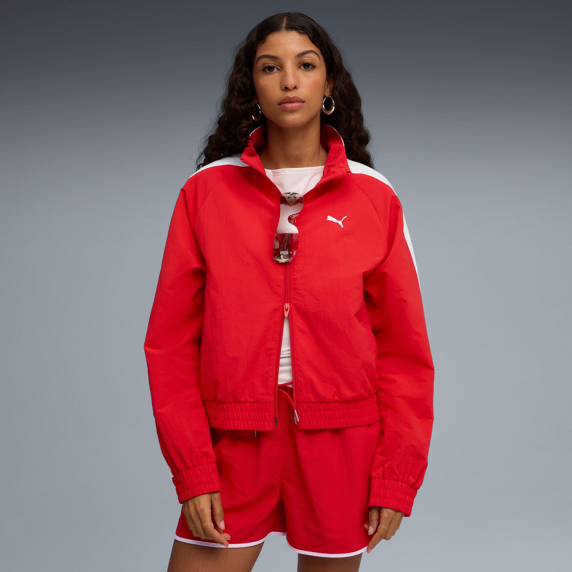 puma t7 women's relaxed track jacket in red, size xs