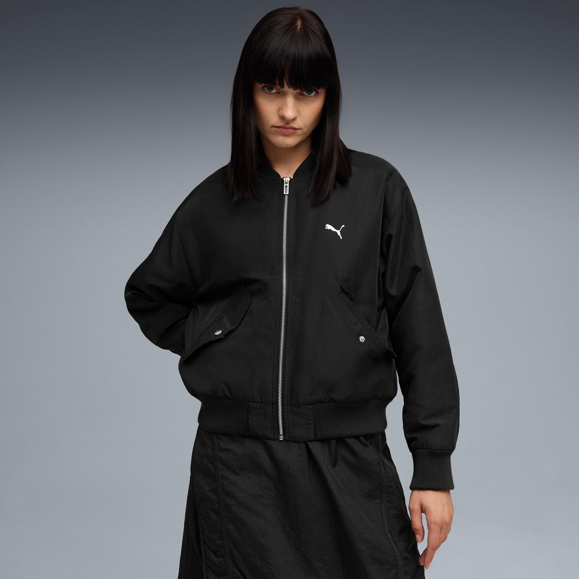 puma t7 women's satin bomber jacket in black, size xl