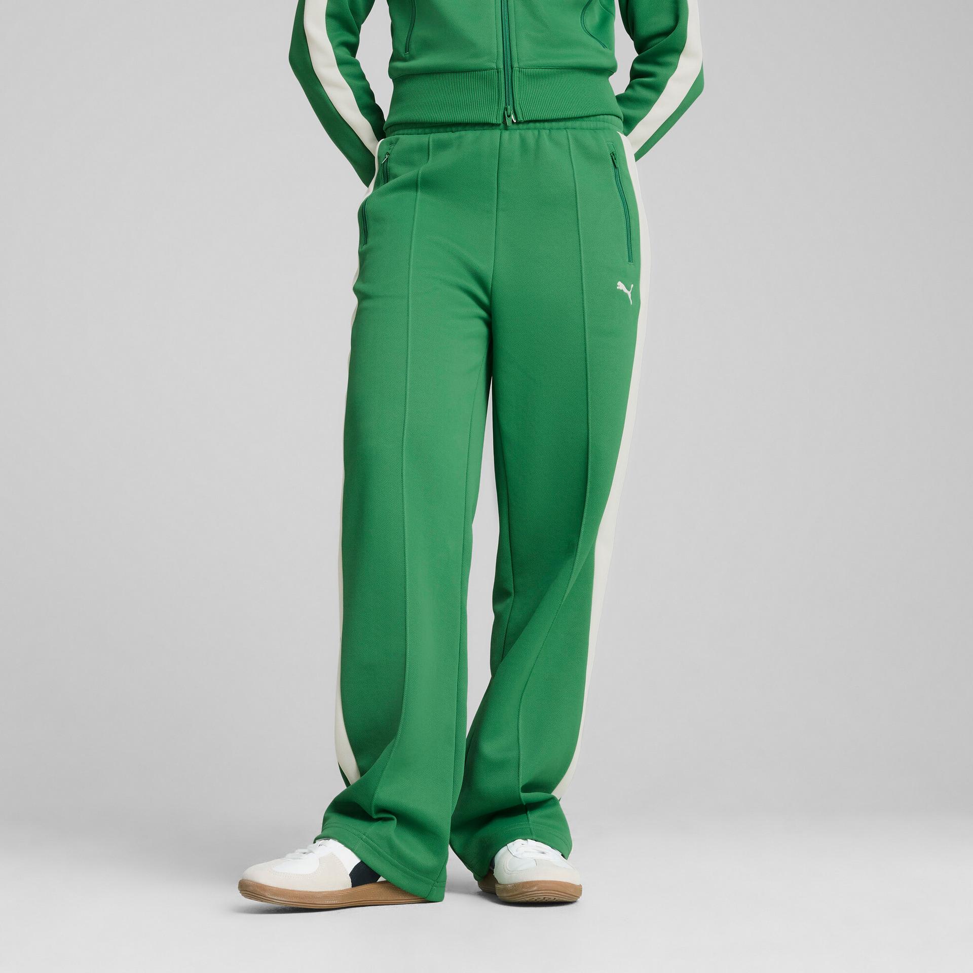 puma t7 women's straight track pants in green, size xl