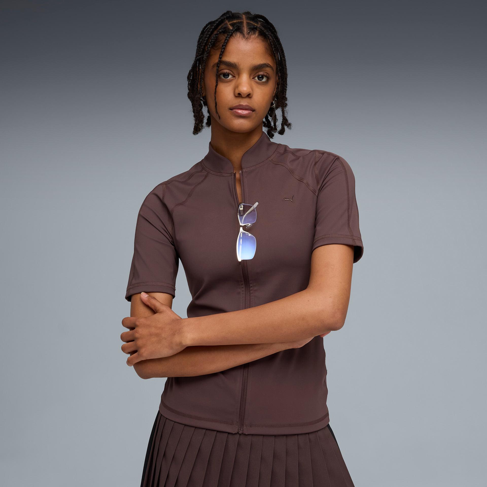 puma t7 women's zip-front top in brown, size xl