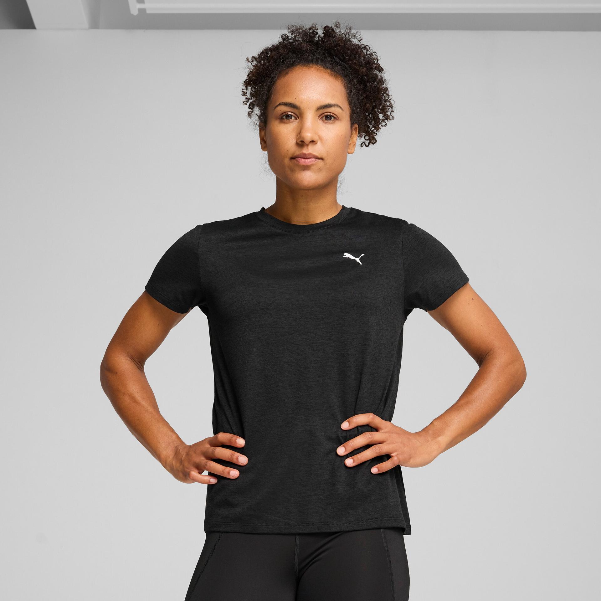 puma train all day essentials women's heather training t-shirt in black, size l