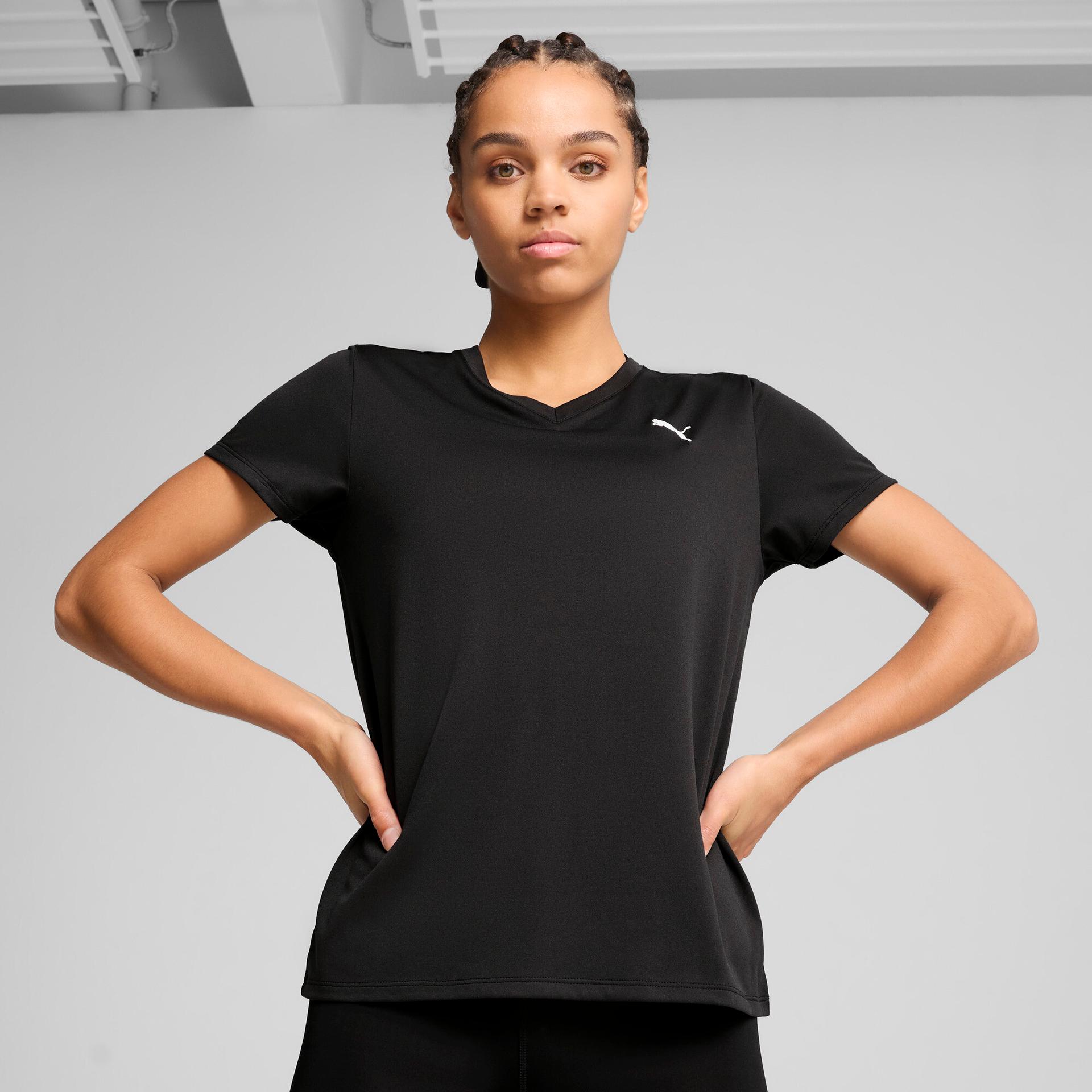 puma train all day essentials women's v-neck training t-shirt in black, size l