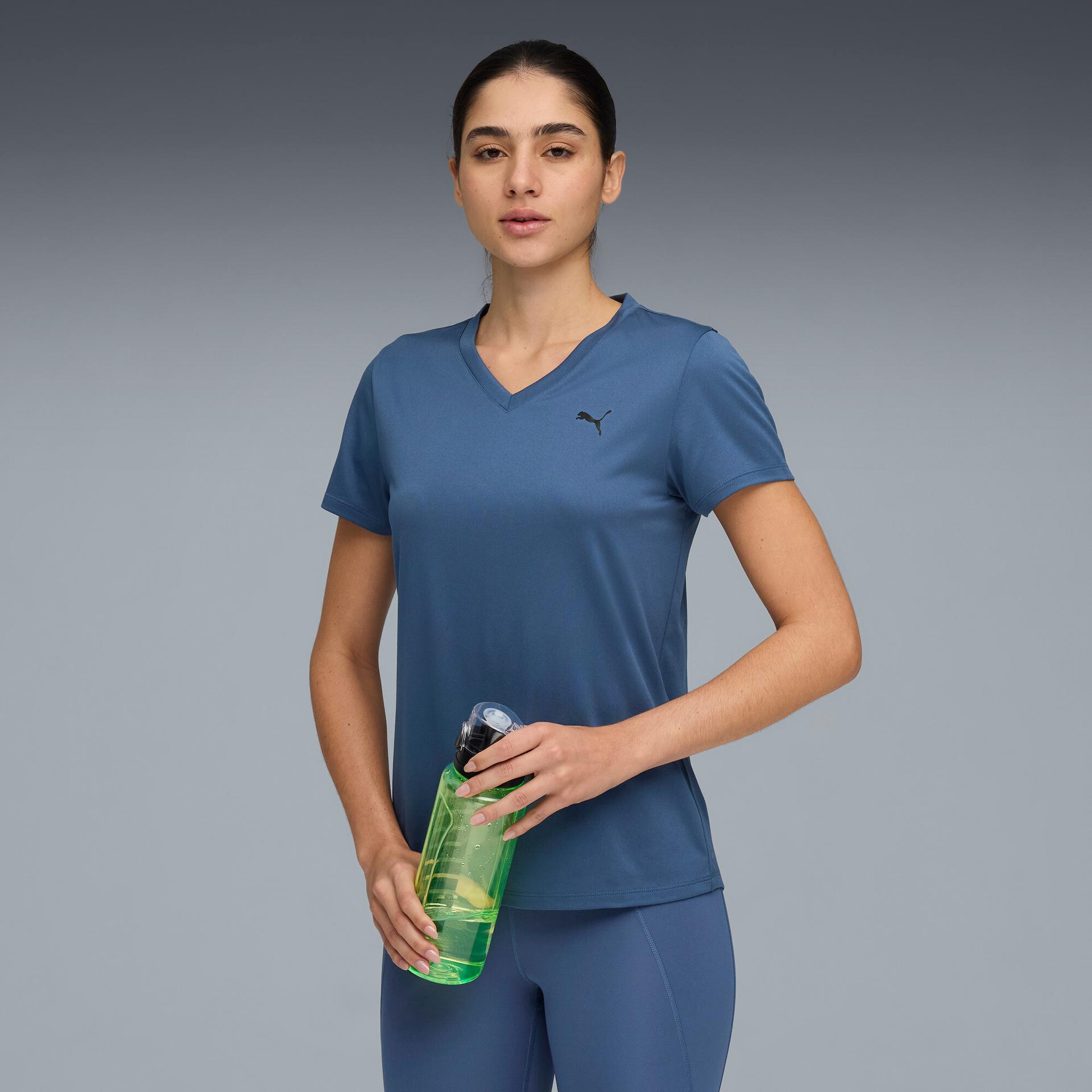 puma train all day essentials women's v-neck training t-shirt in blue, size l