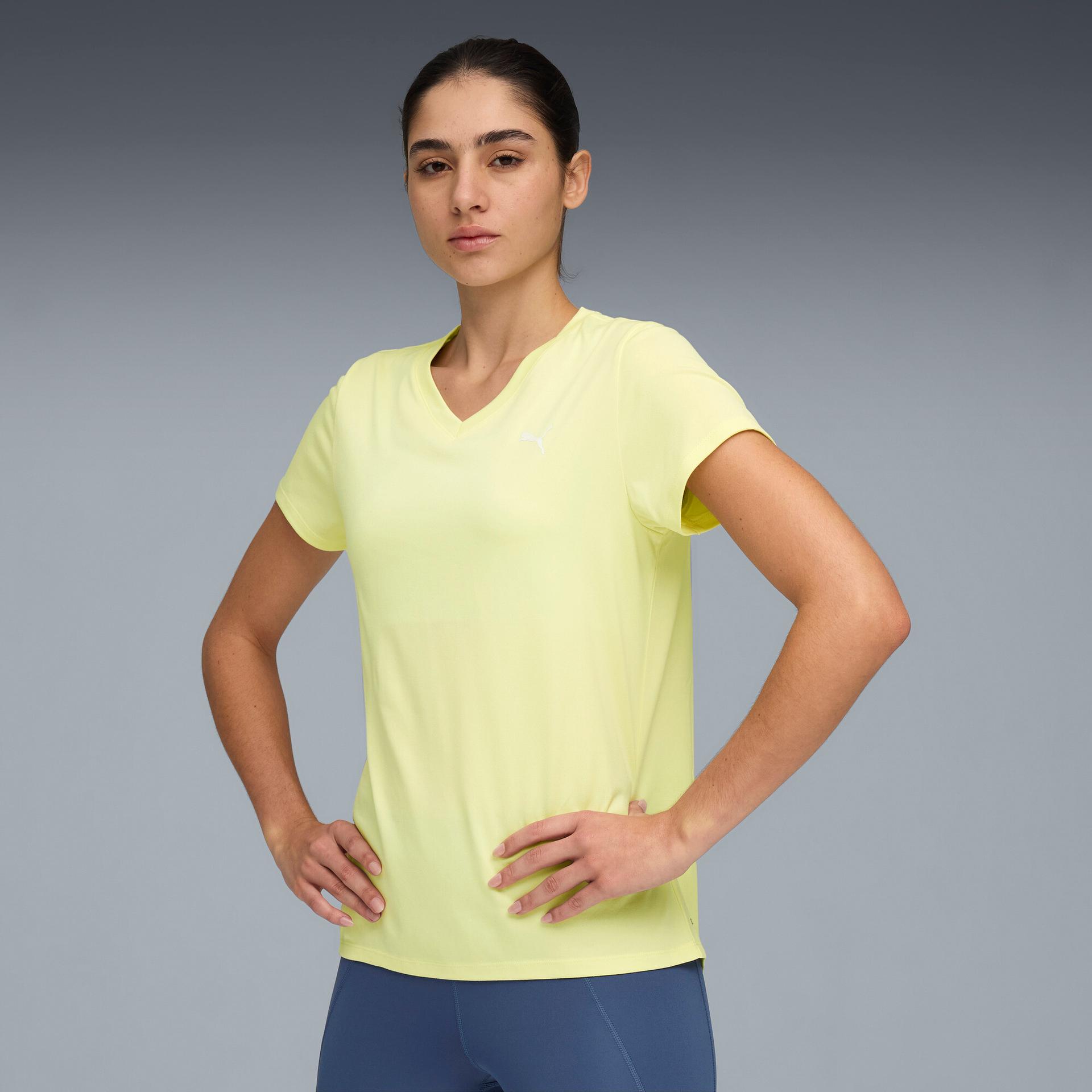 puma train all day essentials women's v-neck training t-shirt in yellow, size xs