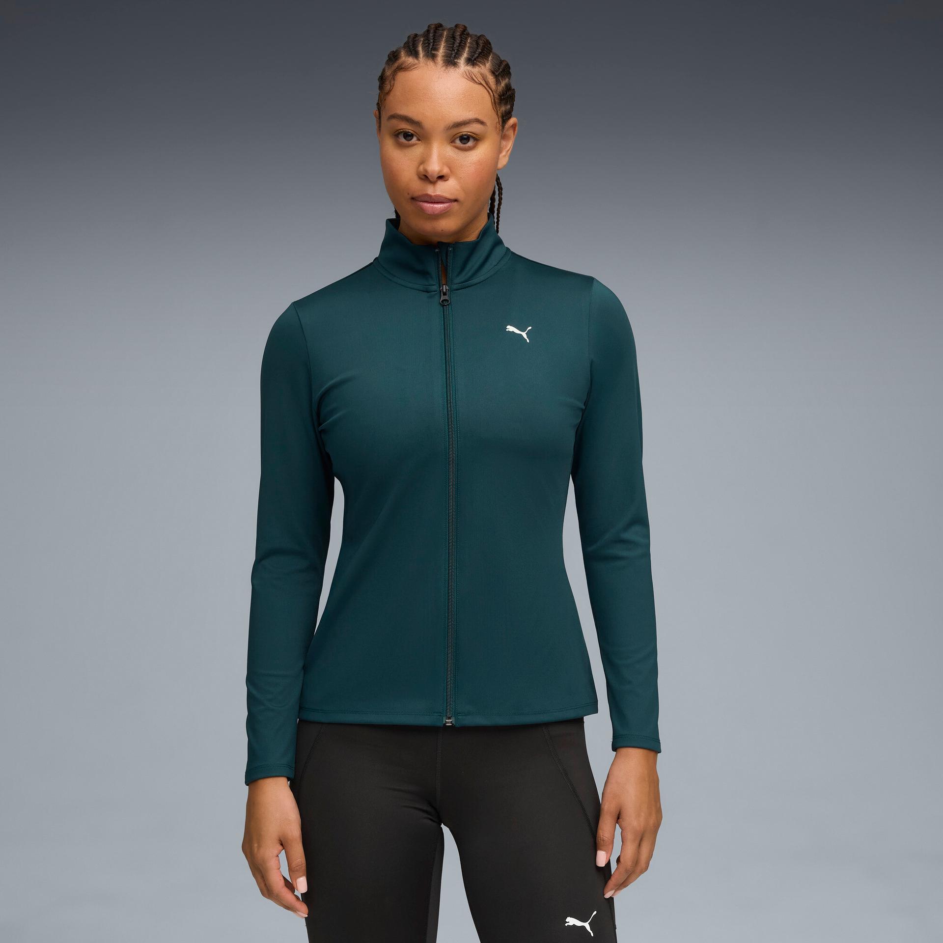 puma training strong women's zip-up jacket in green, size s